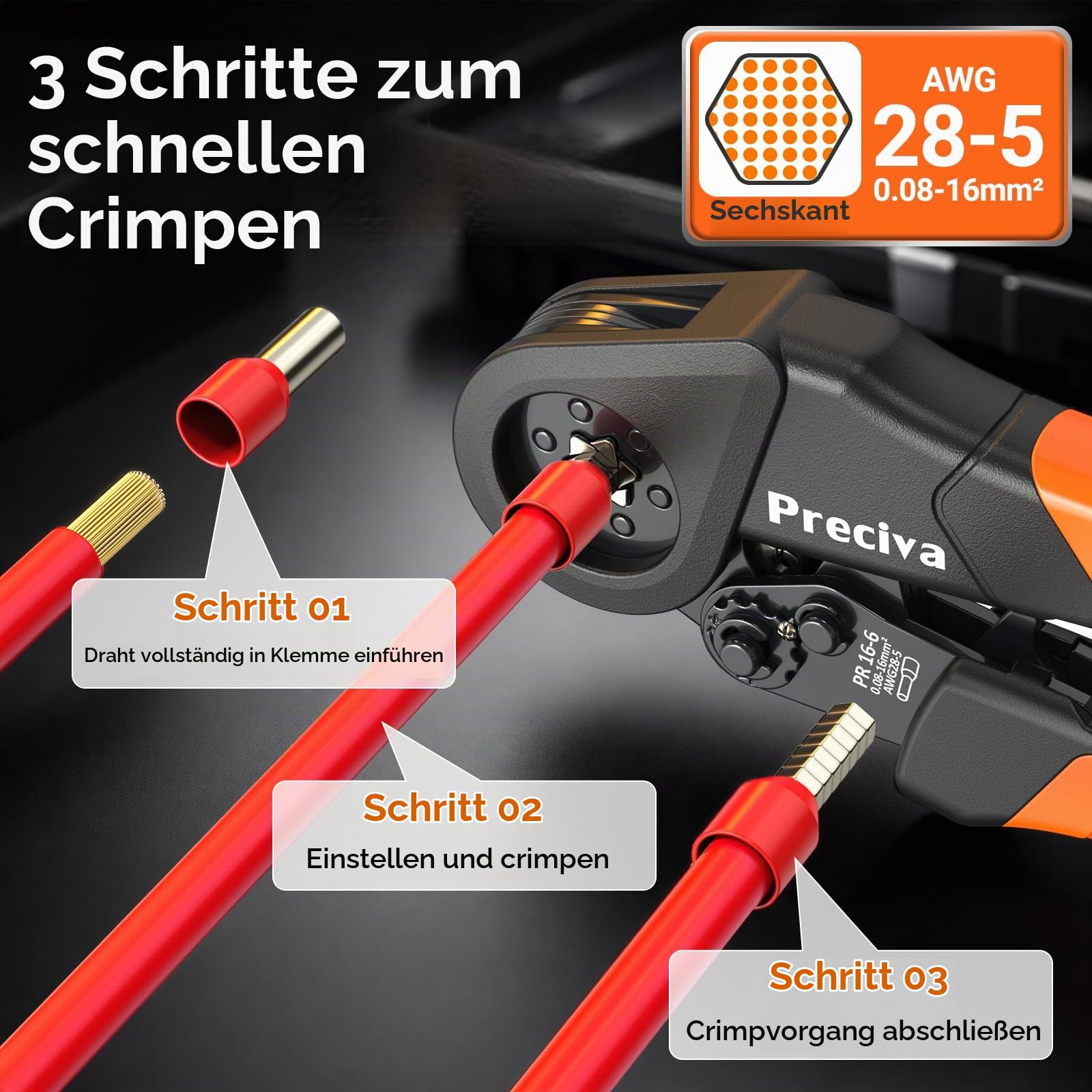 Preciva Sechskant Crimpzange, 0,08-16mm² Aderendhülsen, kompatibel mit 1450 Einrohrklemmen＆ Kabelkennzeichnungsetiketten, Aderendhülsenzange, Crimpwerkzeug mit Abisolierzange