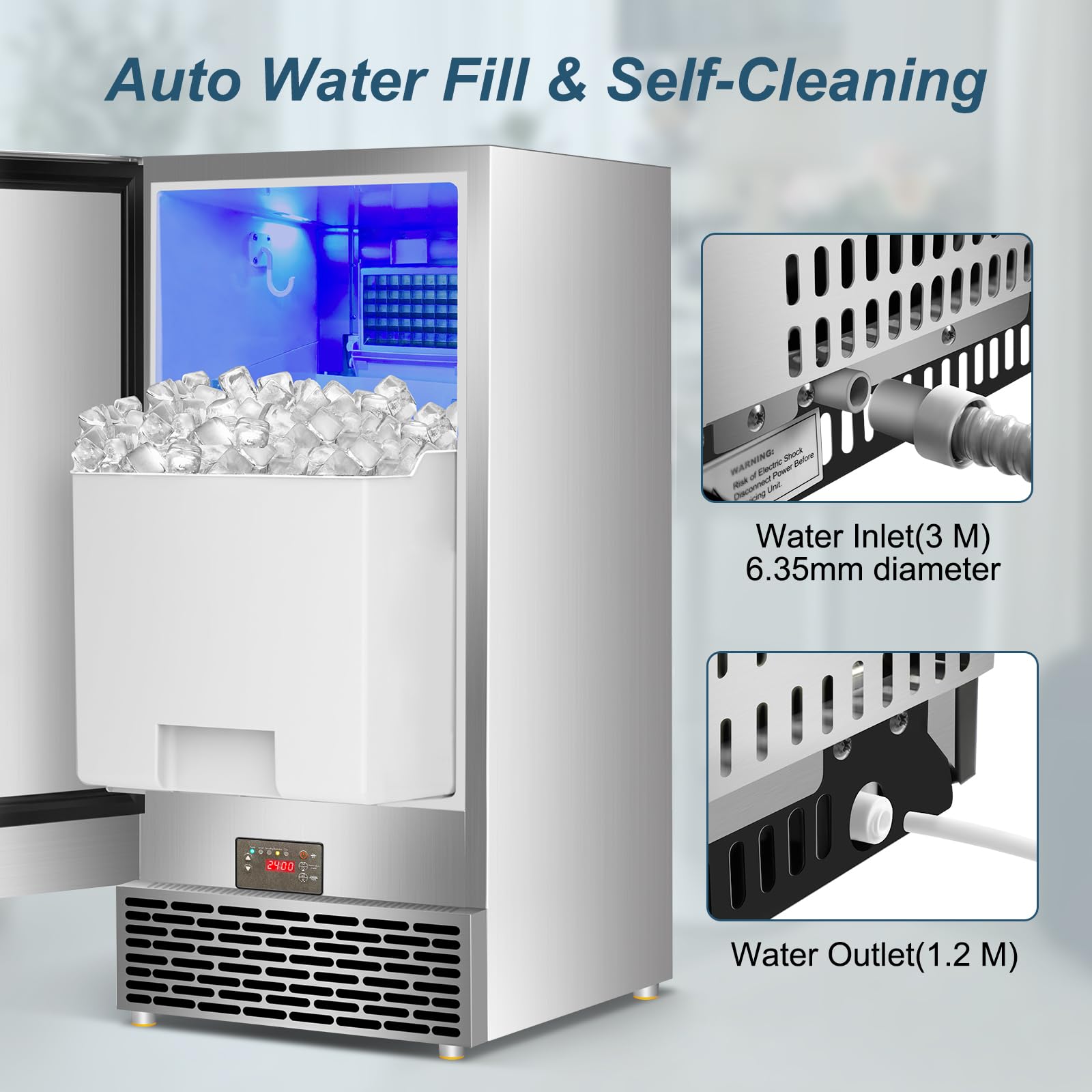 Commercial Ice Maker Machine 120 Lbs/24h, 60 Lbs Cold Preservation Bin For 4-6 H, Freestanding Undercounter Ice Maker Stainless Steel, 40 Ice Trays Built-In Ice Machine For Restaurant Bar Kitchen Café on Fridge.com - View 4
