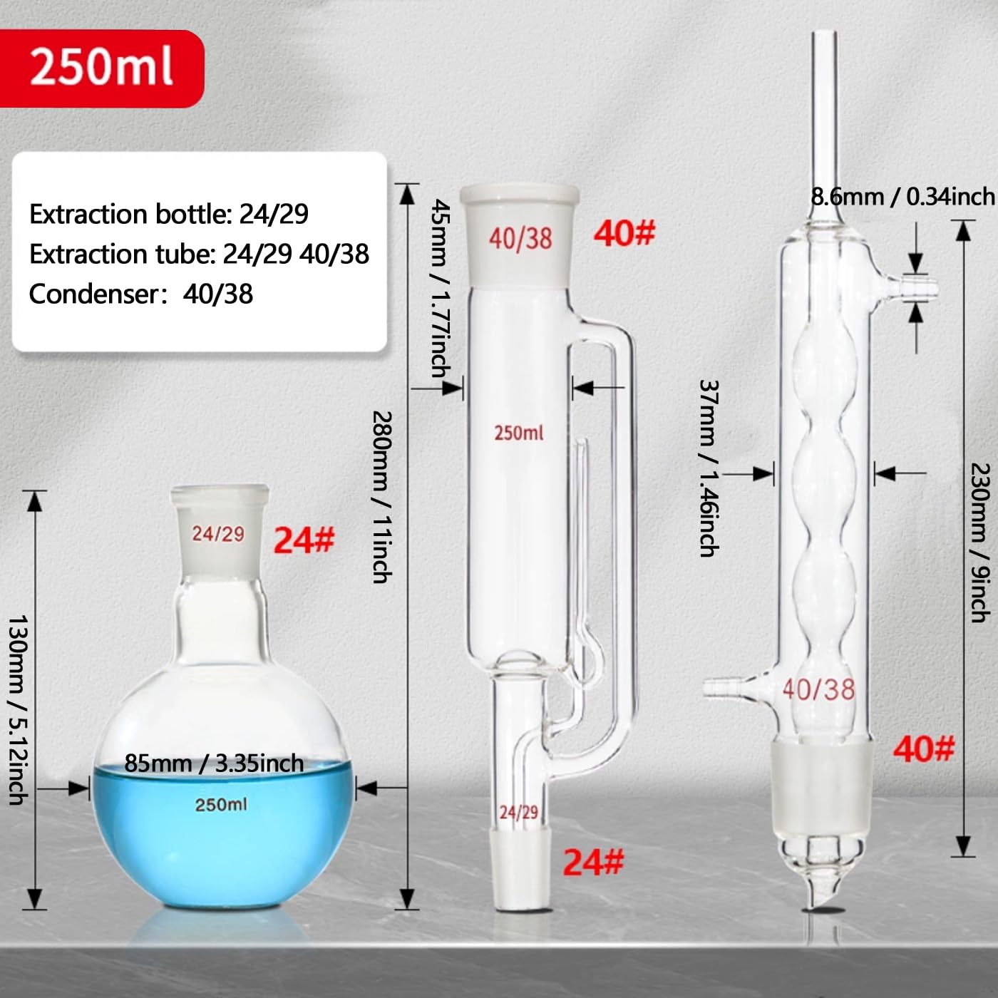 Unité d'extraction Soxhlet en verre borosilicaté kit de verrerie de laboratoire Soxhlet extractor avec condenseur et flacon à fond plat pour reflux à l'échelle du laboratoire (250ml)