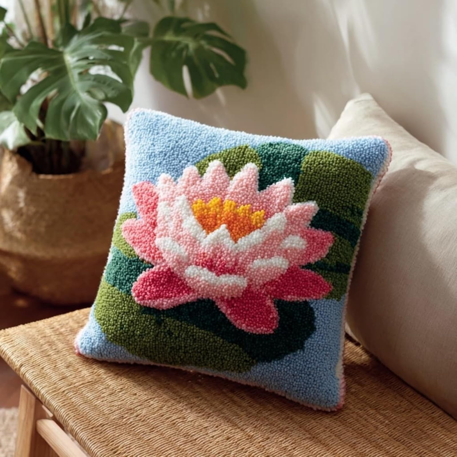 AxiangziK Latch Hook Pillow Craft Kit,Beautiful Lotus 43x43cm/17x17Inch,Complete Starter Kit for Beginners & Craft Enthusiasts