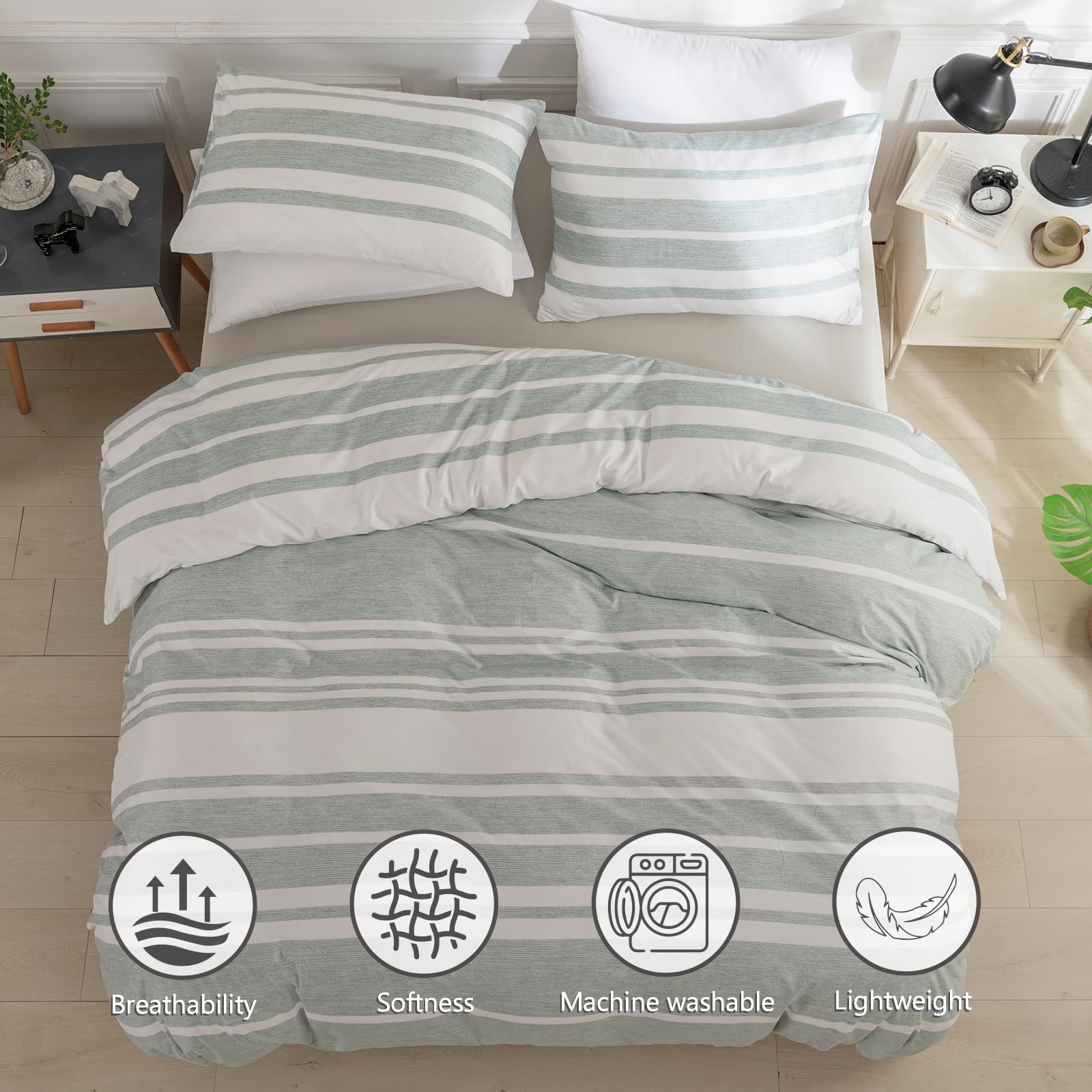 TTCM King Size Duvet Cover Sets, Mint Green and White Stripe King Duvet Cover Set Soft Microfibre Polyester Bedding Set - Image 3