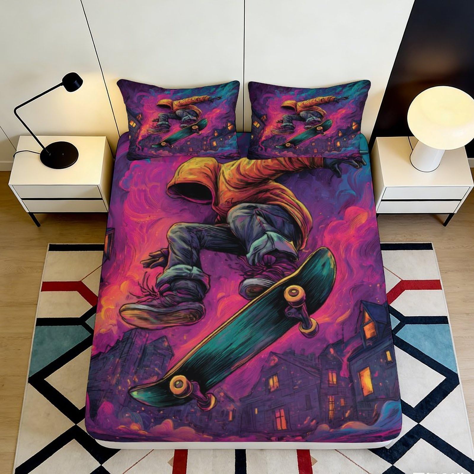3D Printed Skateboard Graffiti Fitted Sheet Microfiber Deep Pocket Skate Theme Mattress Fitted Cover Bedroom Bedding 160x200x25cm