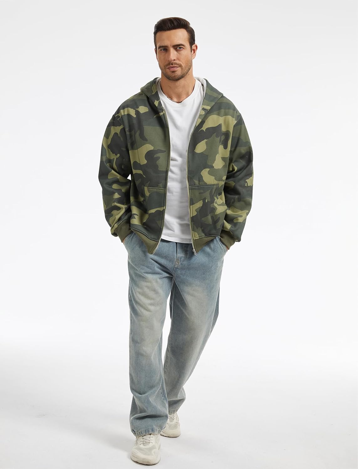 Mens Zip Up Camo Hoodie Fleece Full Zip Jackets Maple Leafs Long Sleeve Oversized Hooded Sweatshirt with Pockets - Image 5