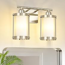2-Light Brushed Nickel Bathroom Light Fixtures with Milk White Frosted Glass, 13.2" UL-Listed Modern Wall Sconce Over Mirror with Metal Cage for Bath, Hardwire E26, OS-3014BNW-2W