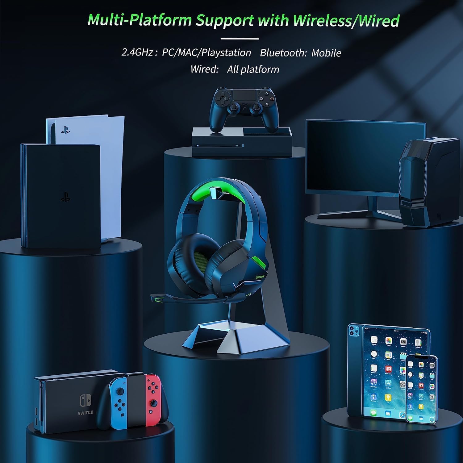 BINNUNE Wireless Gaming Headset for PS5 PC, 120H Ultra-Long Battery, 2.4GHz & Bluetooth 5.3 Wireless Gaming Headphones, PS5 Hadset Wireless with Mic, 50mm Drivers, Comfort Over Ear Headphones,Green