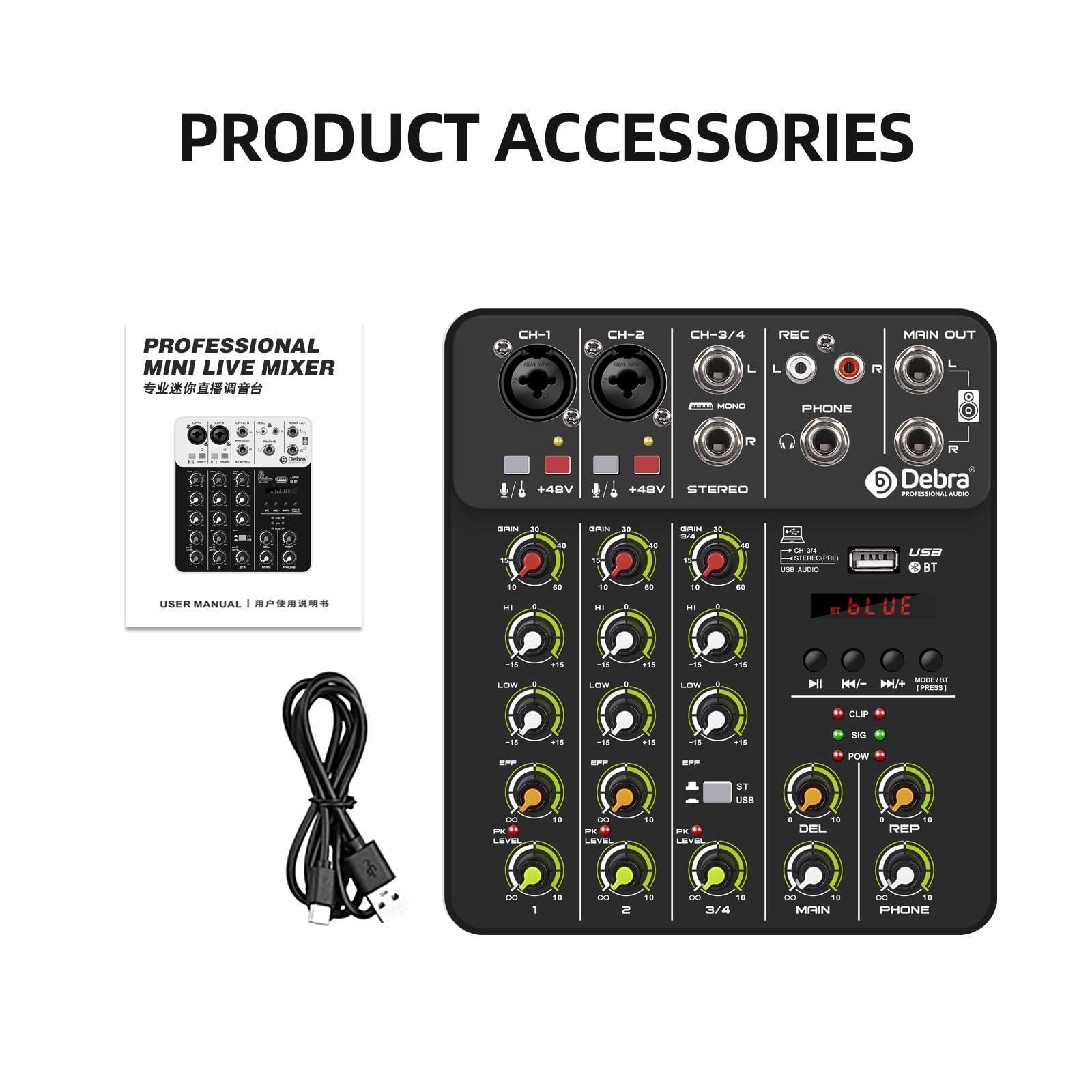 Mikser DJ-ski, V4 Mikser DJ Konsola 4 Kanały Protable 48 V Phantom Power USB Z Kartą Dźwiękową Do Komputera Nagrywanie Śpiewanie(V4 Black Type)