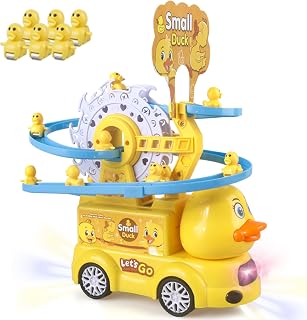 Duck Toys for Toddlers—Small Duck Climbing Stairs Toy with Electric Truck Base & Ferris Wheel & Stair Slide Track, Roller Coaster Toy for Kids Birthday, Light & Music On/Off