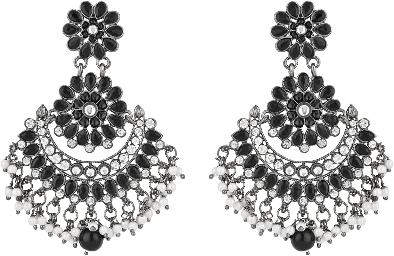 I Jewels Silver Oxidized Indian Wedding Bollywood Stylish Traditional Kundan Pearl Chandbali Earrings For Women (E2948ZB)