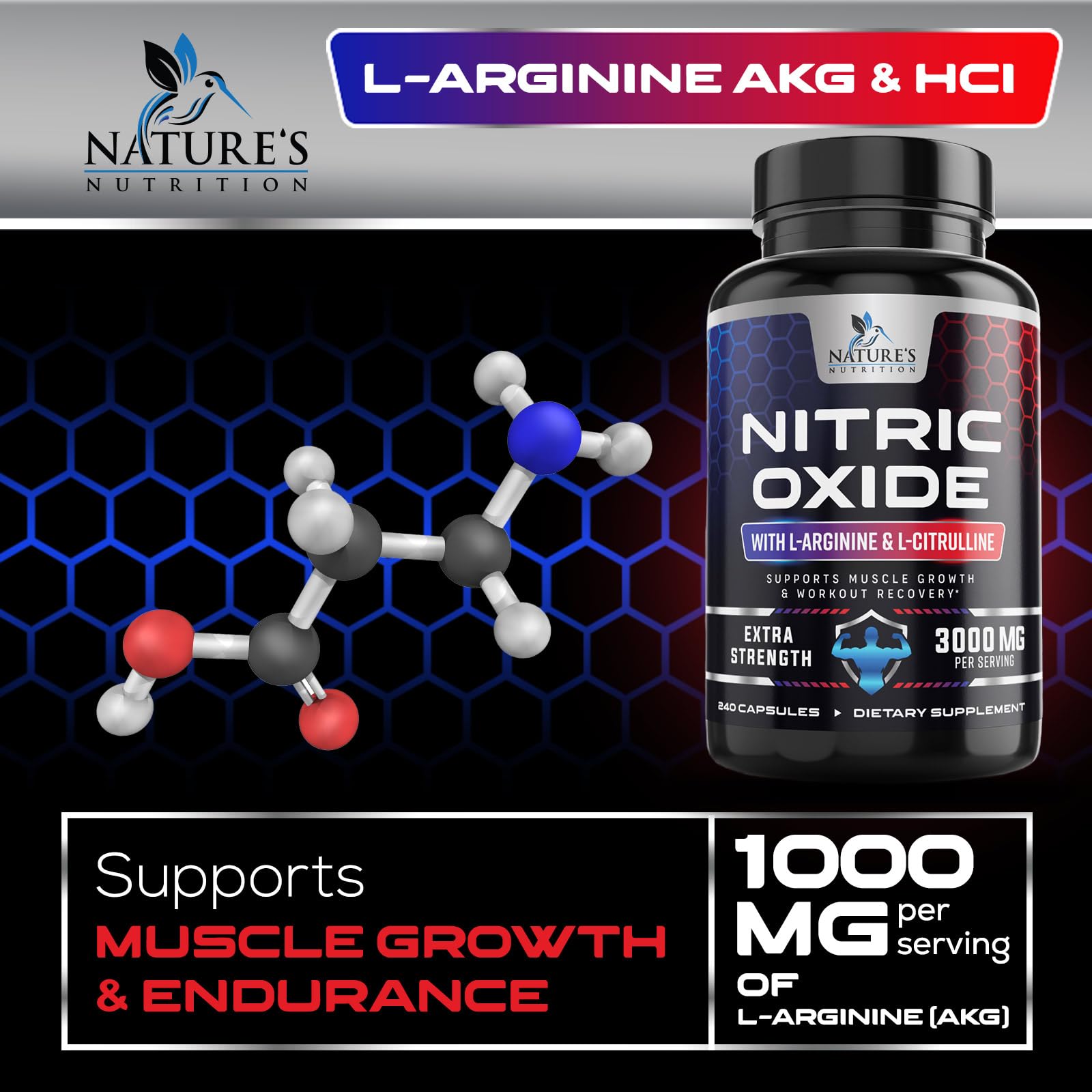 Nitric Oxide Supplement 3000mg Blend - 3X Strength L-Arginine & L-Citrulline - Complete Pre Workout Nitric Booster - Natural Energy & Muscle Support for Men & Women - Bottled in USA - 240 Capsules — Amazon image 5