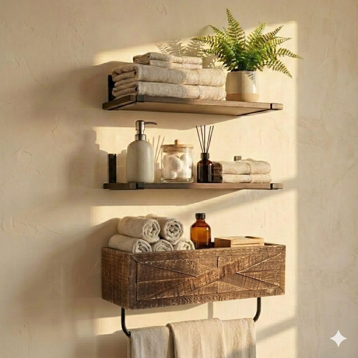 Autumn Alley Rustic Farmhouse Bathroom Shelves Wall Mounted – Industrial Floating Shelves for Bathroom with Towel Bar – Stunning Inlaid Wood Design, Above Toilet Shelves Rustic Towel Rack