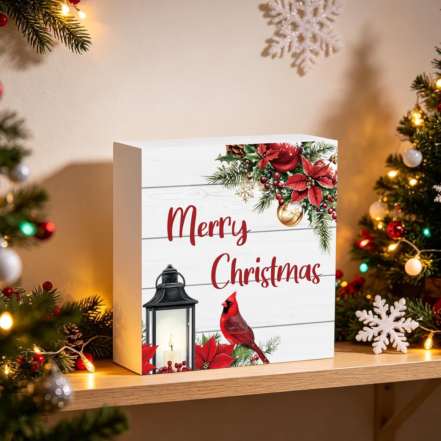 Christmas Decorations Indoor Christmas Decor Table Home Room Office Bathroom Cardinal Grass Wood Box Sign Rustic Wooden Shelf Desk Decor Season Sign House Warming Gifts 5.9 x 5.9 Inch