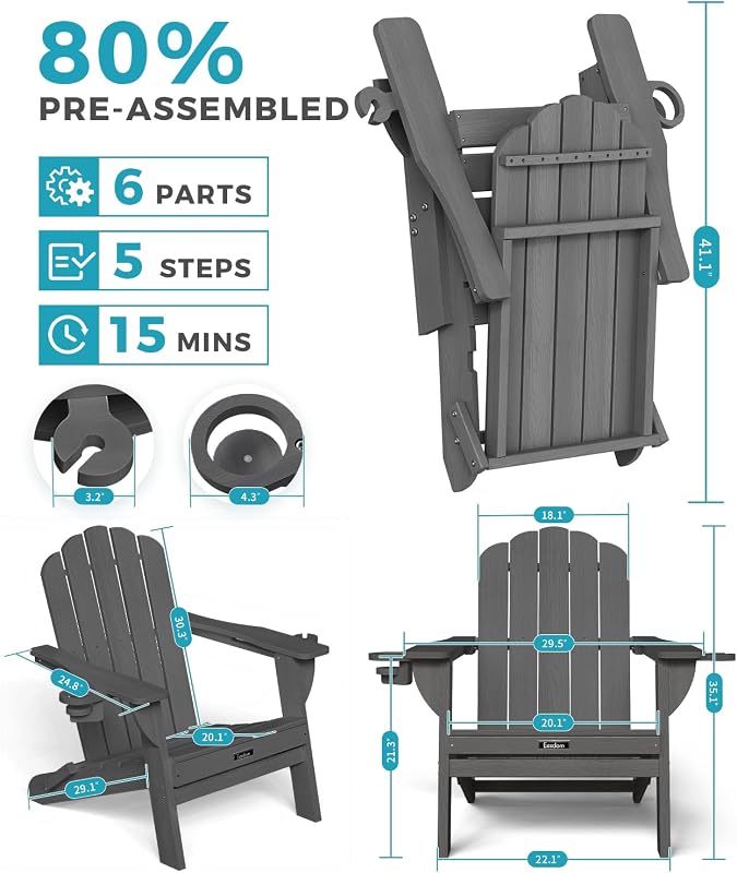 Eesdom Folding Adirondack Chair, All-Weather HDPE Plastic Patio Chair with 2 Cup Holders, Wooden Textured Lawn Chair, Perfect for Fire Pit,Grey image 3