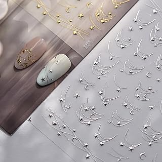 Silver Moon Star Nail Art Stickers Decals French Chain Nail Art Decals Retro Line Moon Star Heart Designs Cute Self-Adhesive Y2K Style Nails Art Supplies for Women DIY Manicure Decoration 1 Sheet