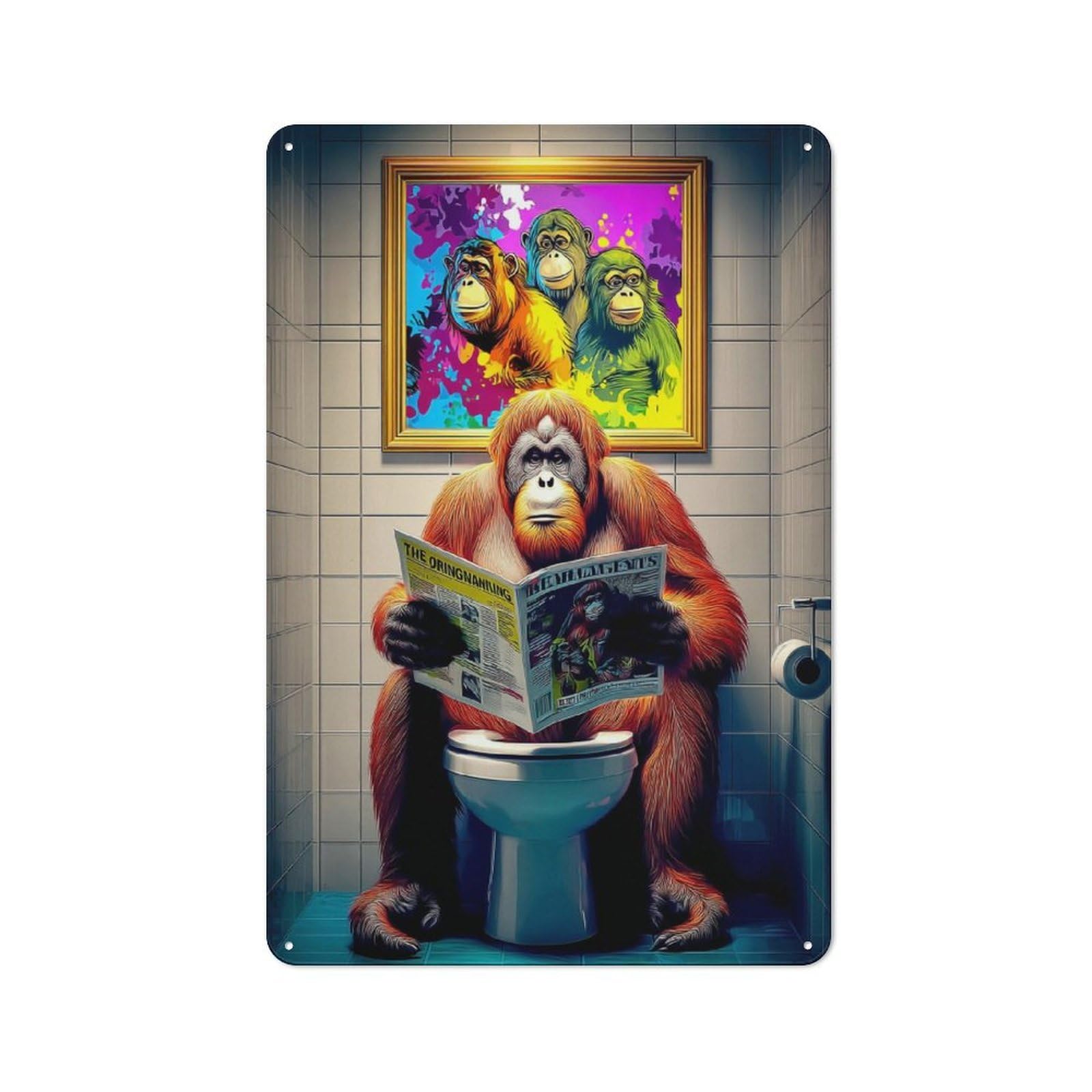 Orangutan Reading Newspaper in Bathroom-1 Classic Metal Wall Decor 30x20cm, Decorative Tin Plaque for Cafe, Pub, Workshop Or Home Bar