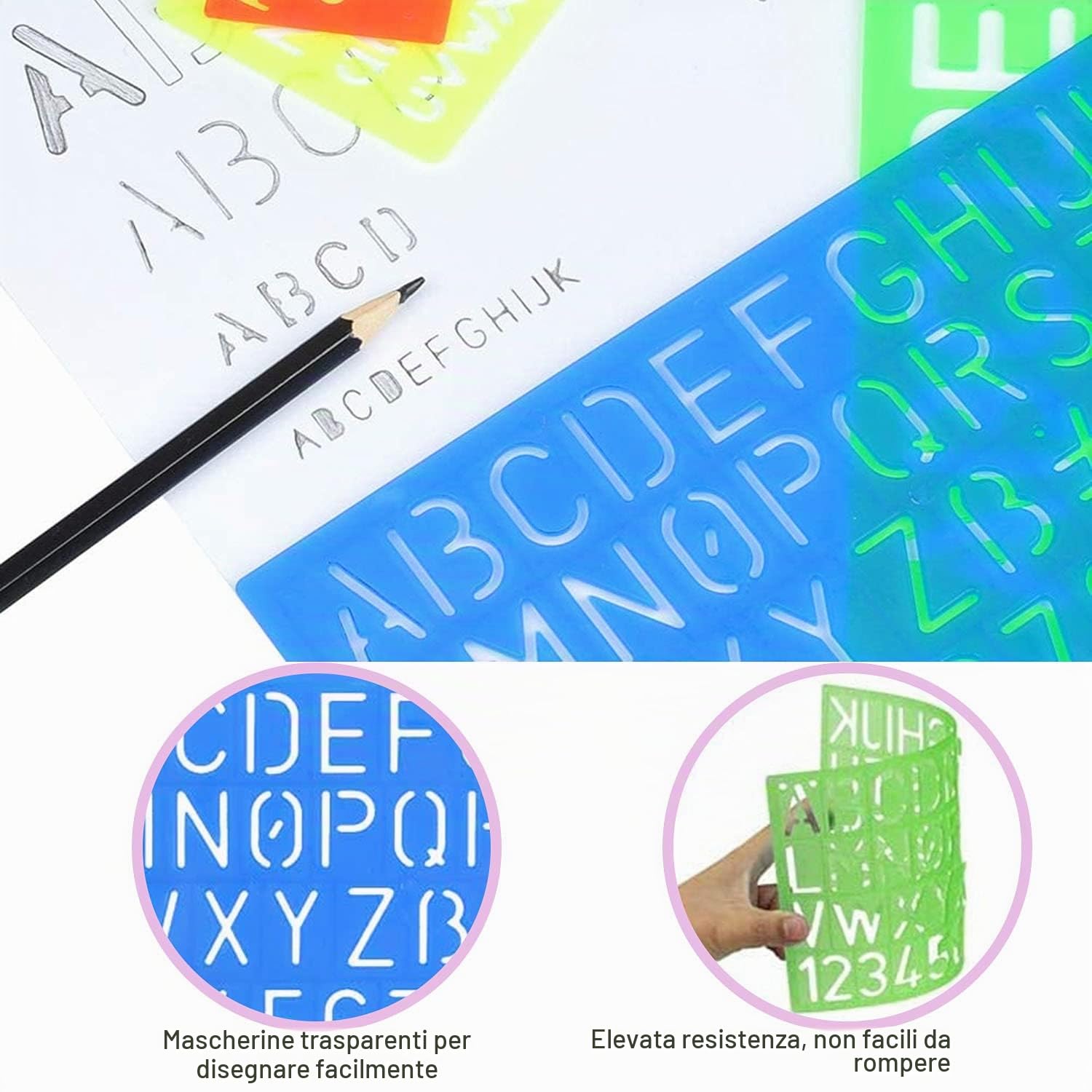 Set di stencil per lettere in plastica per alfabeto, modelli di disegno, numeri assortiti e dimensioni per l'artigianato riutilizzabili