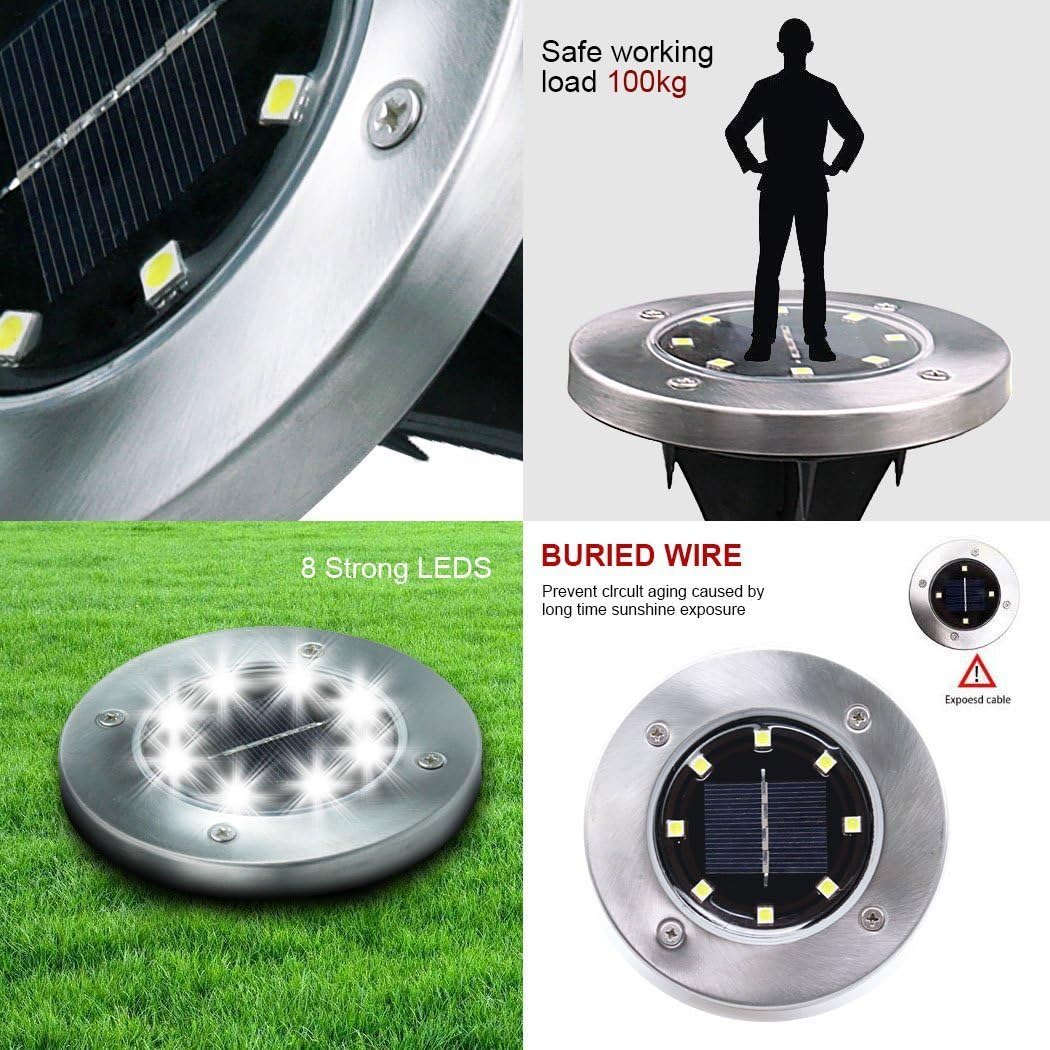 Disk Solar Lights SUNLIT 4 Pack | Waterproof Solar Ground Lights Dark Sensing Landscape Lights for Lawn Pathway Yard Driveway Patio Walkway | (Cool White)