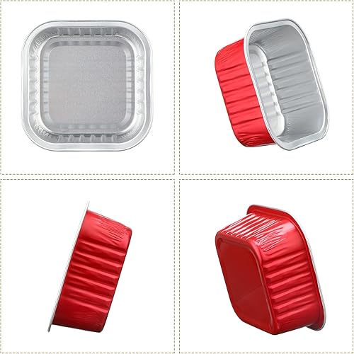 Miniatura 4 de Mimorou 100 piezas de mini tazas cuadradas rojas para hornear con tapas, papel de aluminio de 5 onzas, moldes desechables para magdalenas, postres,