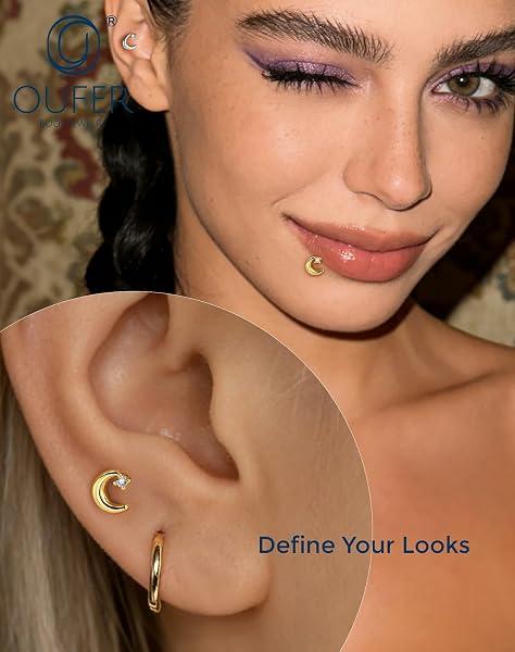 OUFER Body Piercing Helix Stud 18G Stainless Steel Moon CZ Labret Piercing Jewelry Internally Threaded 6mm Bar Gold/Silver Cartilage Earring Tragus Lip Piercings for Women - 2