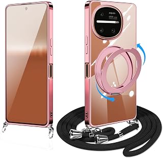对应 AQUOS R11 SH-51G SH-M35 用 壳 透明 肩带 带环 带挂绳【360°旋转支架・纵横两对应】AQUOS r11 智能手机壳 套 耐冲击 透明 TPU 肩背 挂脖 可拆卸 长度可调节 带支架功能 金属纽扣(玫瑰金)