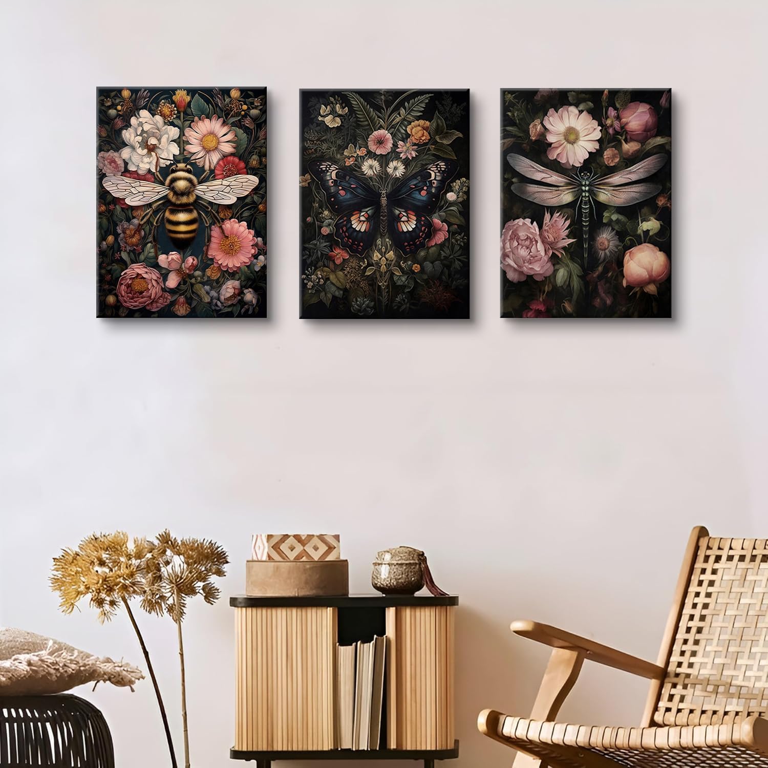 3Pcs Dragonfly and Bee Floral Wall Art Gothic Dark Insect and Plant Wall Decor Vintage Dark Preppy Posters Canvas Prints Painting Picture for Bathroom Bedroom 12x16in canvas