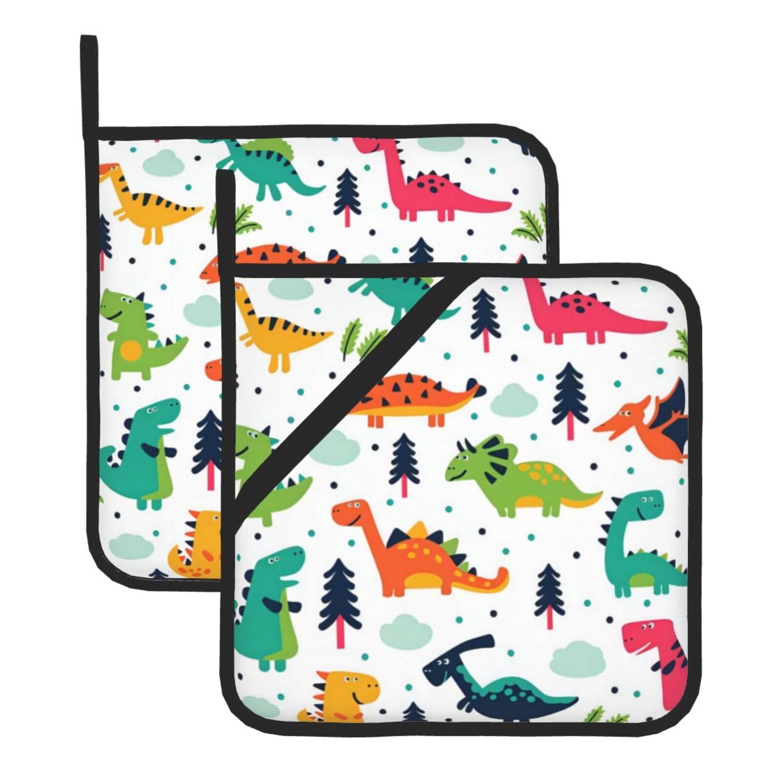 YYHWHJDE Cartoon Dinosaur Prints Square Hot Pads for Kitchen Counter - Waterproof Pot Holders with Hanging Loop, Durable Trivets for Microwave Oven - 2 Pack