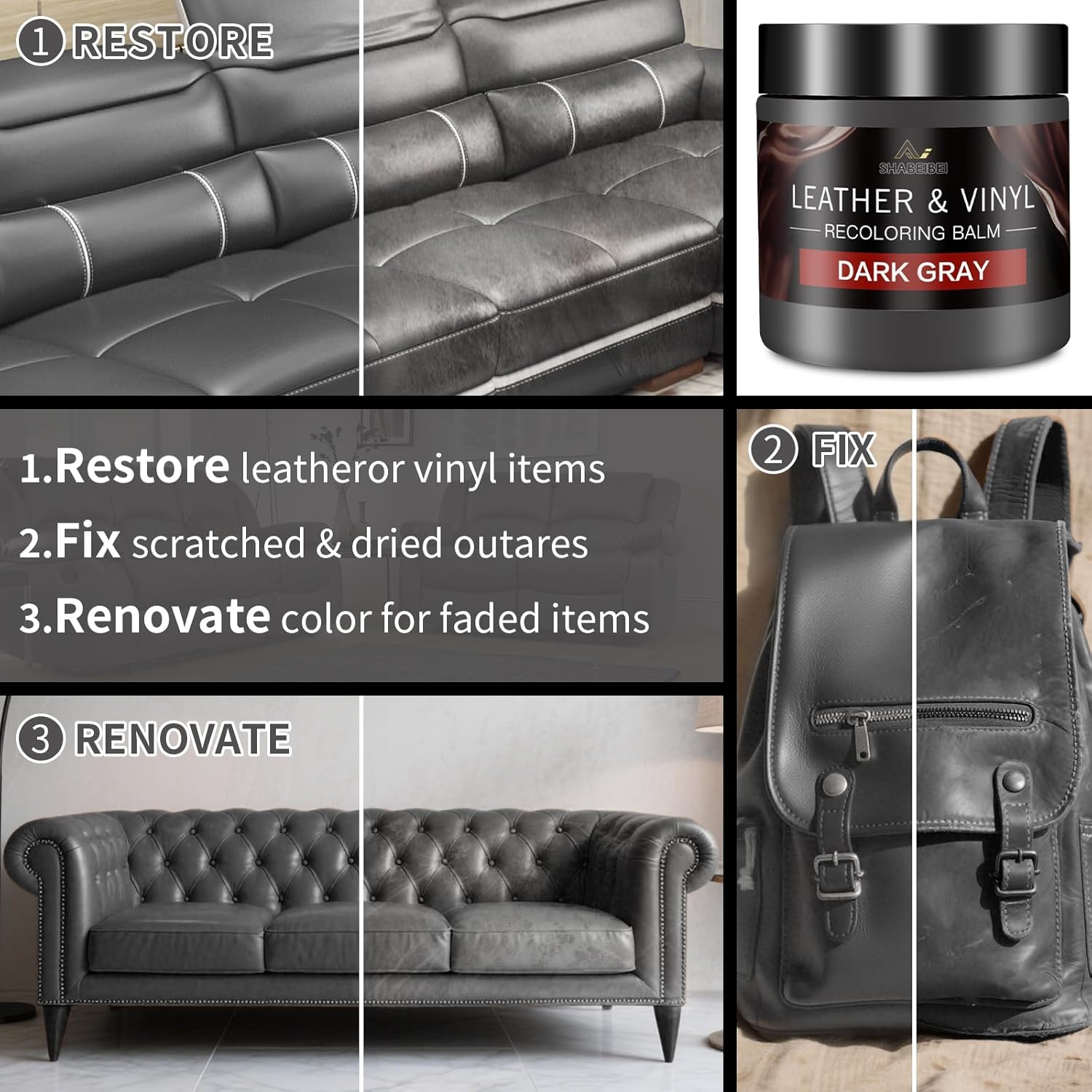 Leather Recoloring Balm and Scratch Repair Kit, Dark Gray Leather Restorer for Couches, Furniture, Car Seats, Leather Paint & Stain for Sofa, Chairs, Bags, and More - Image 3