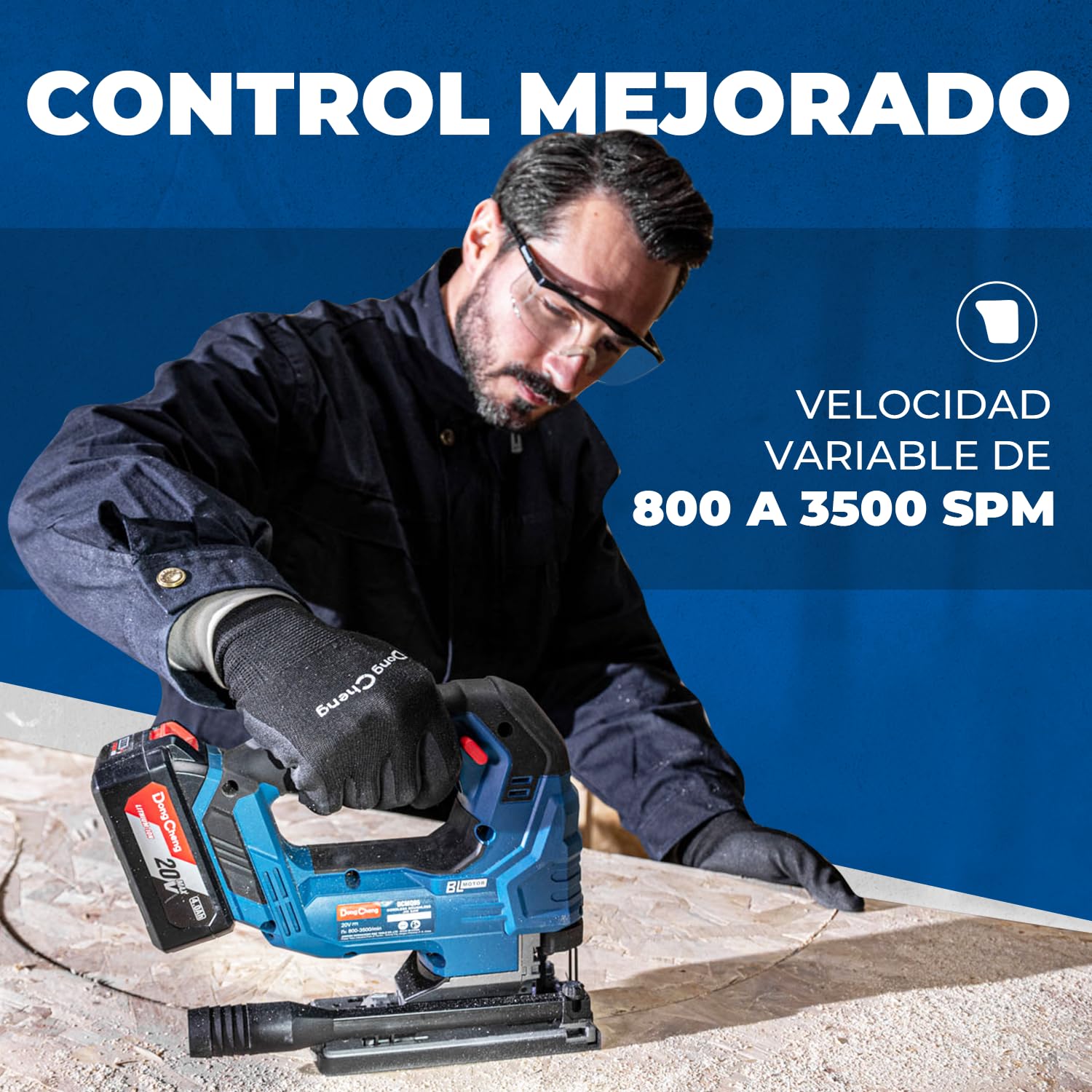 Dong Cheng Sierra de Calar 18V Sin Escobillas | Orbital 800-3500 c.p.m. | Inglete 0-45° | 6 Velocidades | Con Doble LED, Soplador, Batería 4Ah, Cargador, 6 Hojas & Maletín