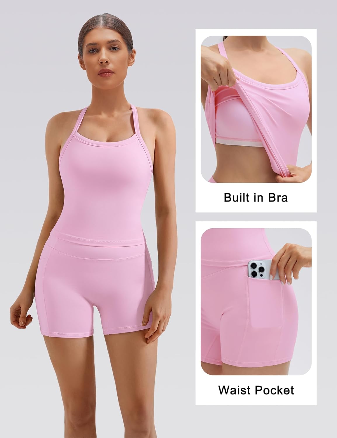 SUUKSESS Women 2 Piece Workout Sets High Waisted Biker Shorts with Pockets Built in bra Racerback Tank Tops - Image 2