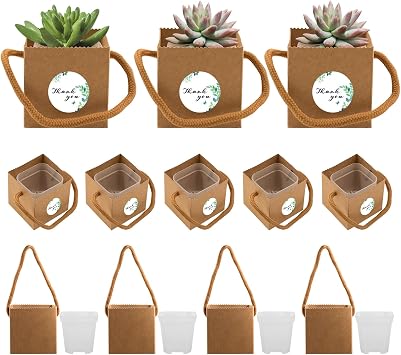 SnowTing 20 Set Tiny Succulent Pot with Kraft Paper Bag and Cute Thank You Stickers, 2 Inch Square Mini Plastic Succulent Planter with Drainage Hole for Plant Party Plant Not Included