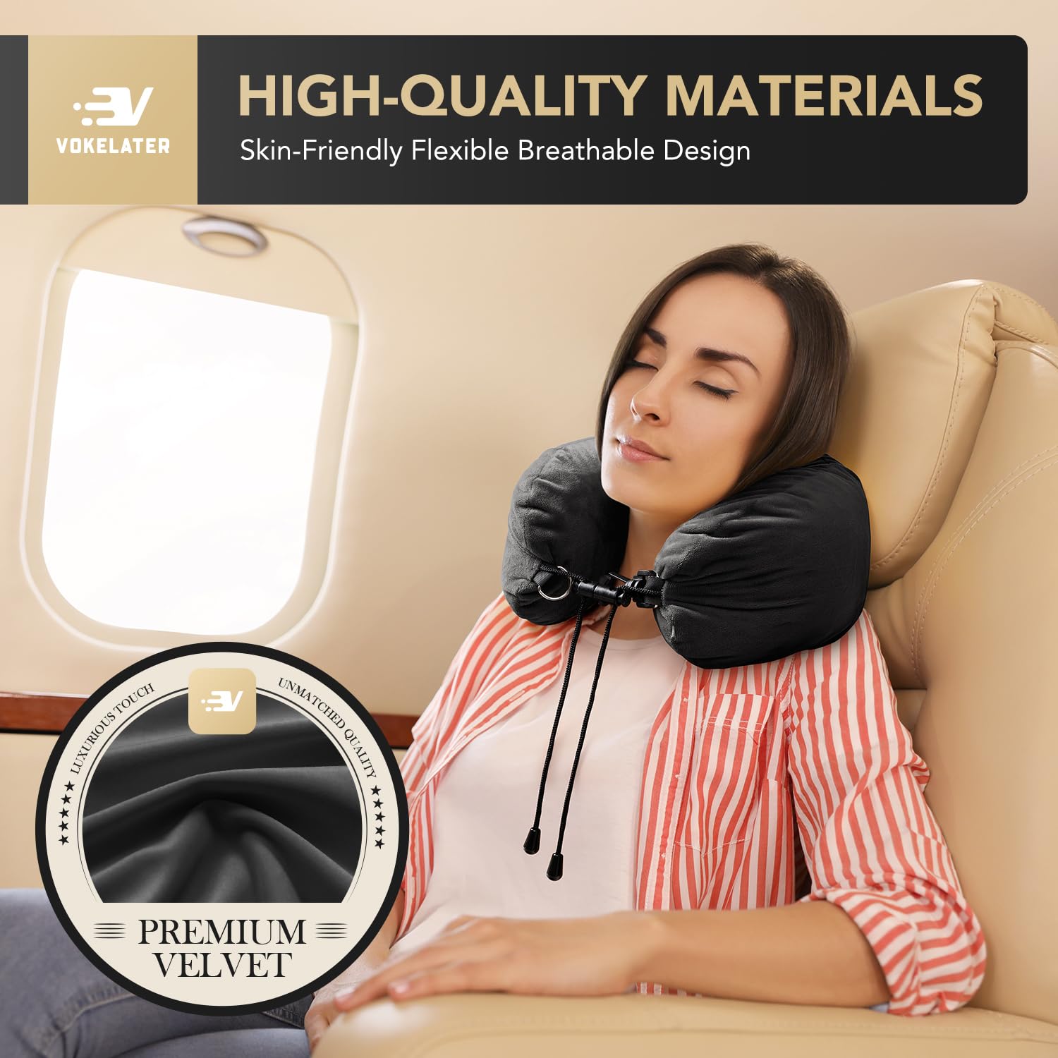Vokelater Stuffable Neck Pillow for Travel, Neck Pillow for Extra Luggage Storage Ideal 1-3 Days Travel Essentials, Adjustable U-Shapes Airplane Pillow Size, Soft Velvet Cover, No Filler, Black 1