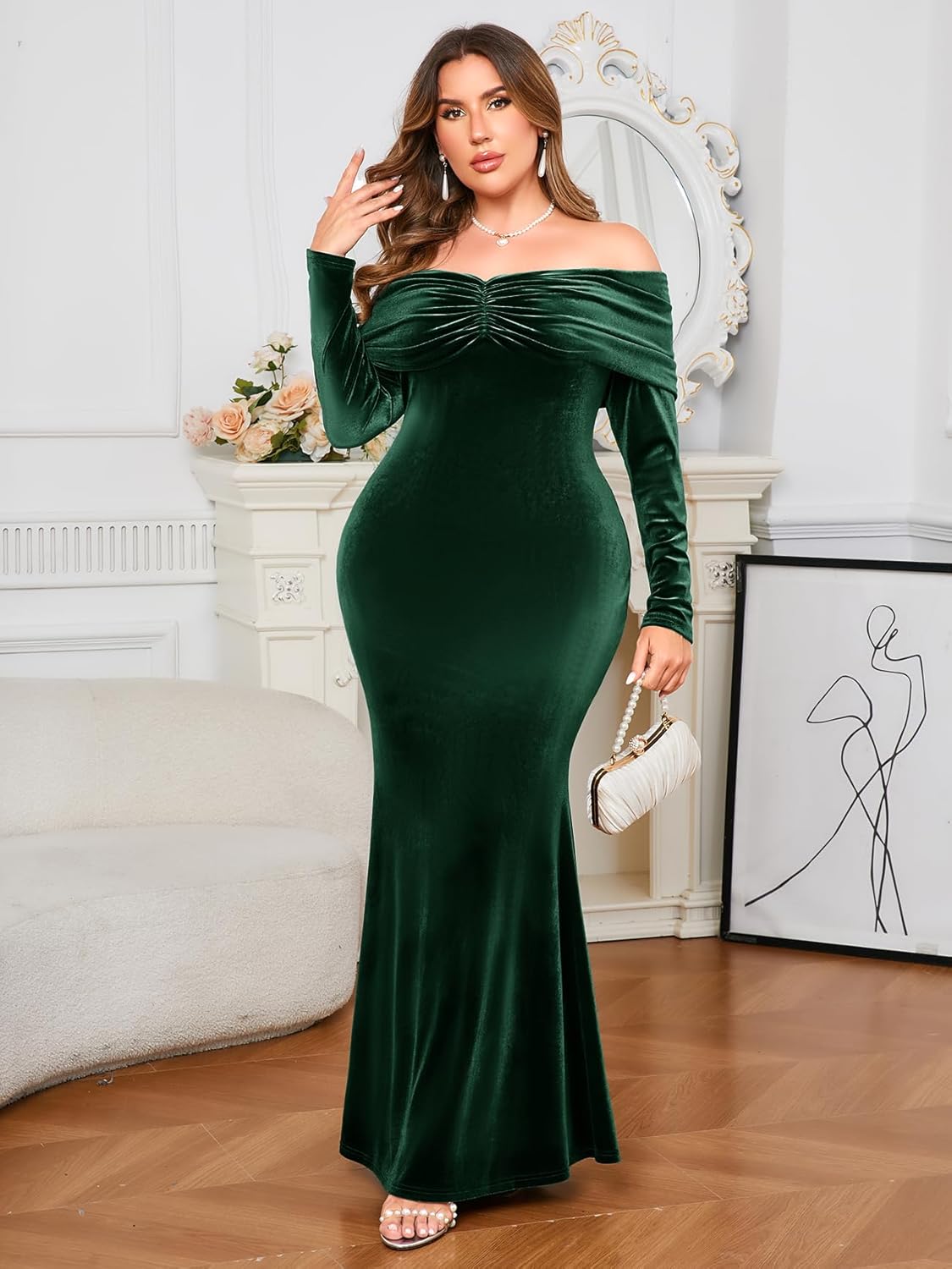 ZOMVA Plus Size Off Shoulder Velvet Dress Long Sleeve Mermaid Bodycon Maxi Evening Gown for Cocktail Party Wedding Guest - Image 2
