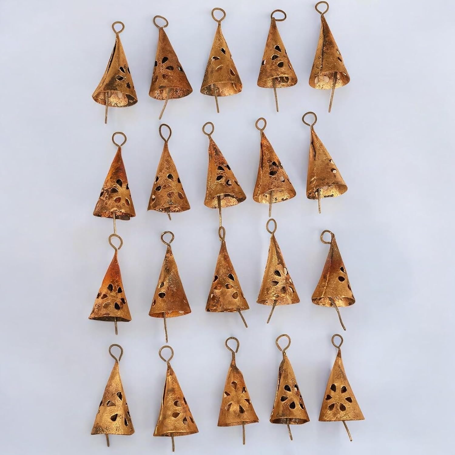 20 Pcs, Christmas Bells for Crafts & Decor - Rustic Gold Jingle Bells, 2.25" Handmade Tin Bells with Cutout Design - Vintage Farmhouse, Witch Bells, Boho Christmas Ornaments & Holiday Decorations