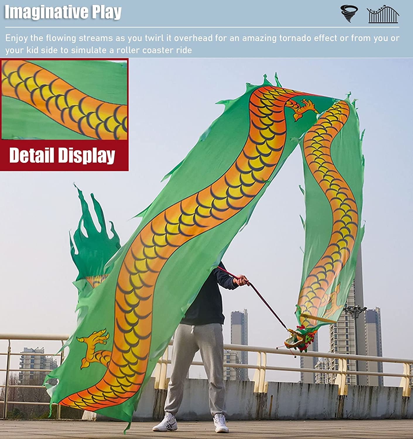poi, Streamer mit Drachenkopf, fließende Seide, schüttelnd, schleudernd, chinesischer Drachentanz, Band-Streamer, Rave-Zubehör(10m/33ft)