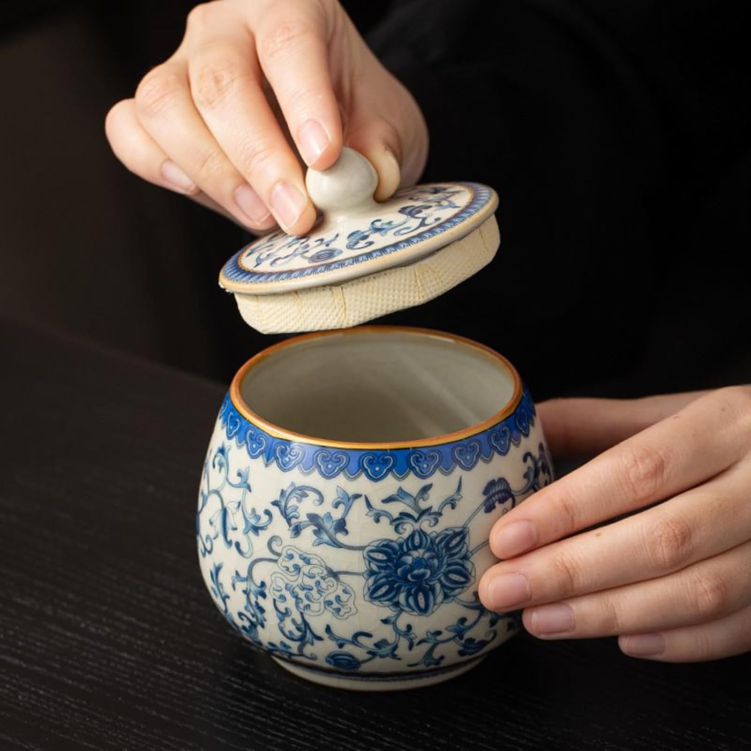 Ru Kiln Ceramics Tea Canister, 300ml 10.2oz, Household Storage Sealed Container Kung Fu Tea Set Accessories