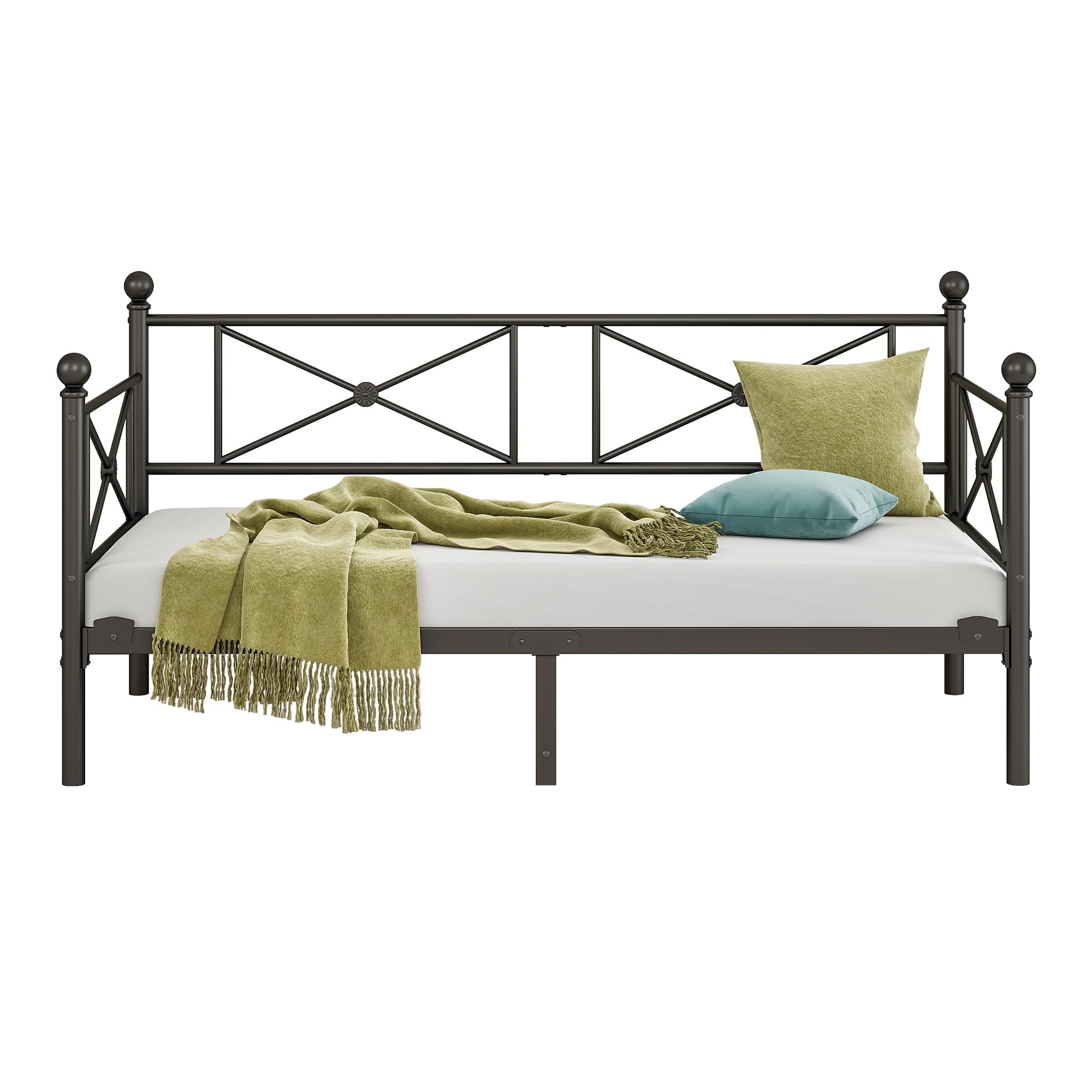 Tagesbett Metallbett 90x200 cm, Einzel Bettsofa mit Kopfteil & Lattenrost, Jugendbett Schweres Metall-Lattenrost zur Matratzenunterstützung, Tagesbett für Wohnzimmer & Schlafzimmer, Schwarz
