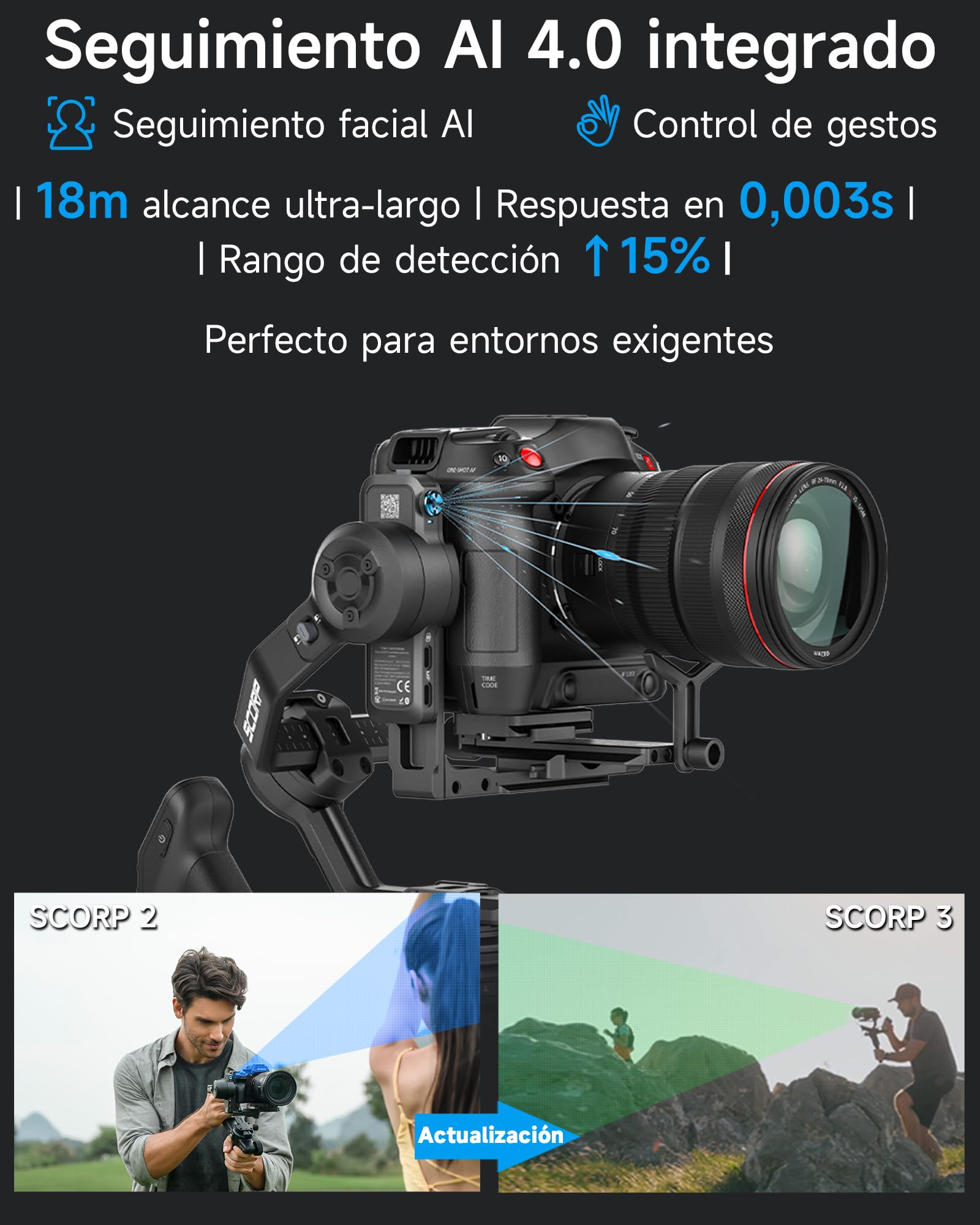 [Oficial] FeiyuTech SCORP 3 Kit Gimbal – 3,5 kg de Carga, Seguimiento AI, batería 14 h, Mango Remoto, botón de Captura Bluetooth, estabilizador Profesional con Estuche – para cámaras Sony/Canon/Nikon