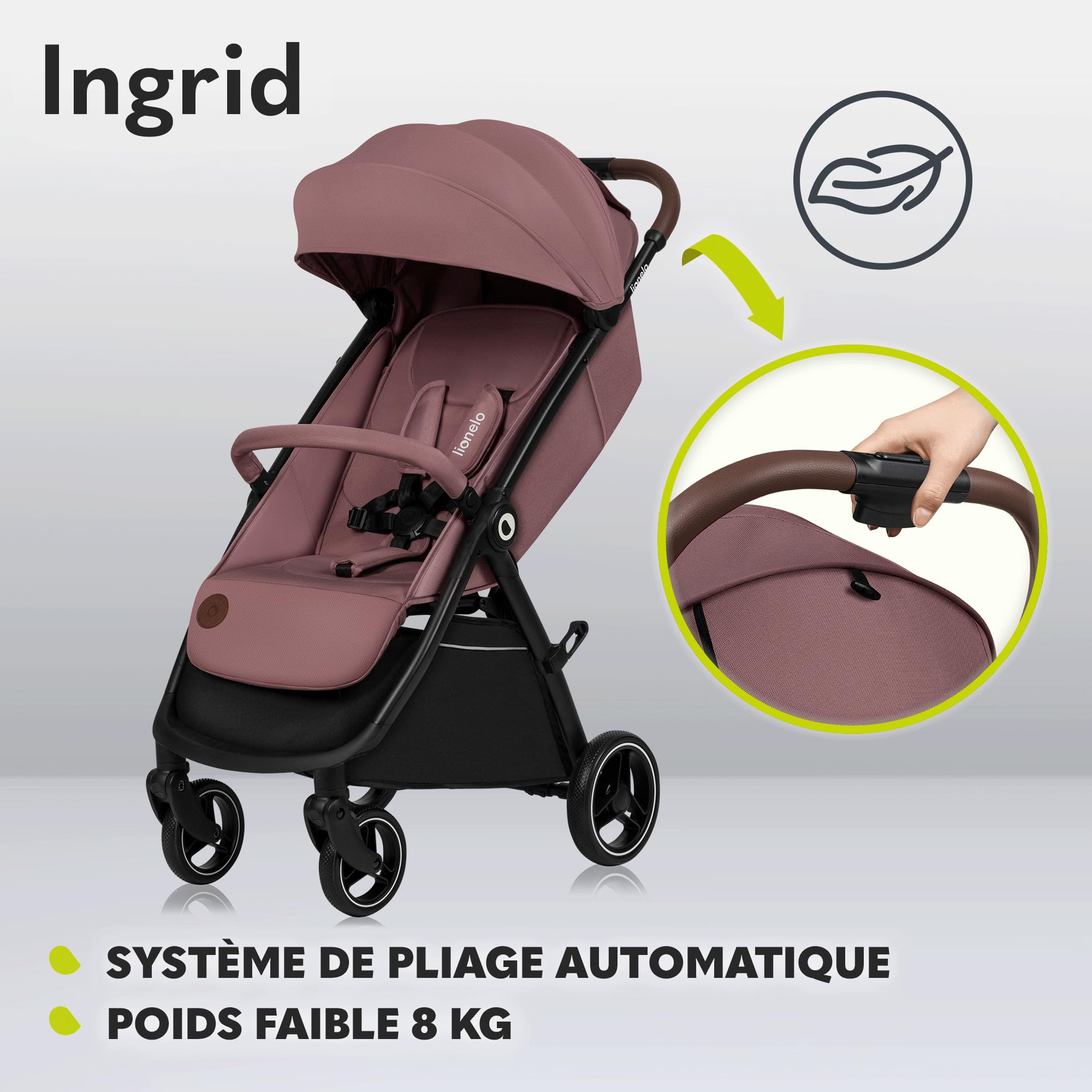 LIONELO INGRID Poussette 22 kg 6 mois-4 ans Grandes roues pivotantes 360° Suspension totale Pliable d'une seule main Dossier et repose-pieds réglables Auvent XXL Pink