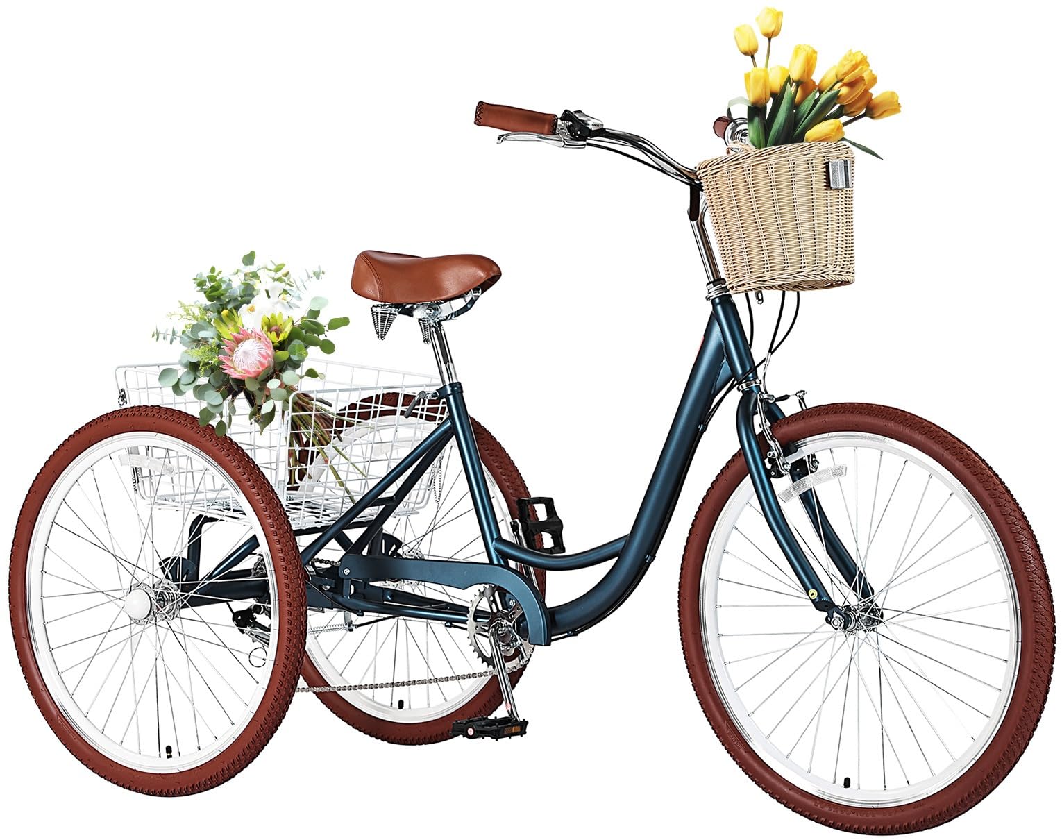 Adult Tricycles for Adults, 7 Speed Adult Trikes, 20/24/26 inch 3 Wheel Bike with Basket, Three-Wheeled Cruiser Bicycles for Women and Men, Without Fenders