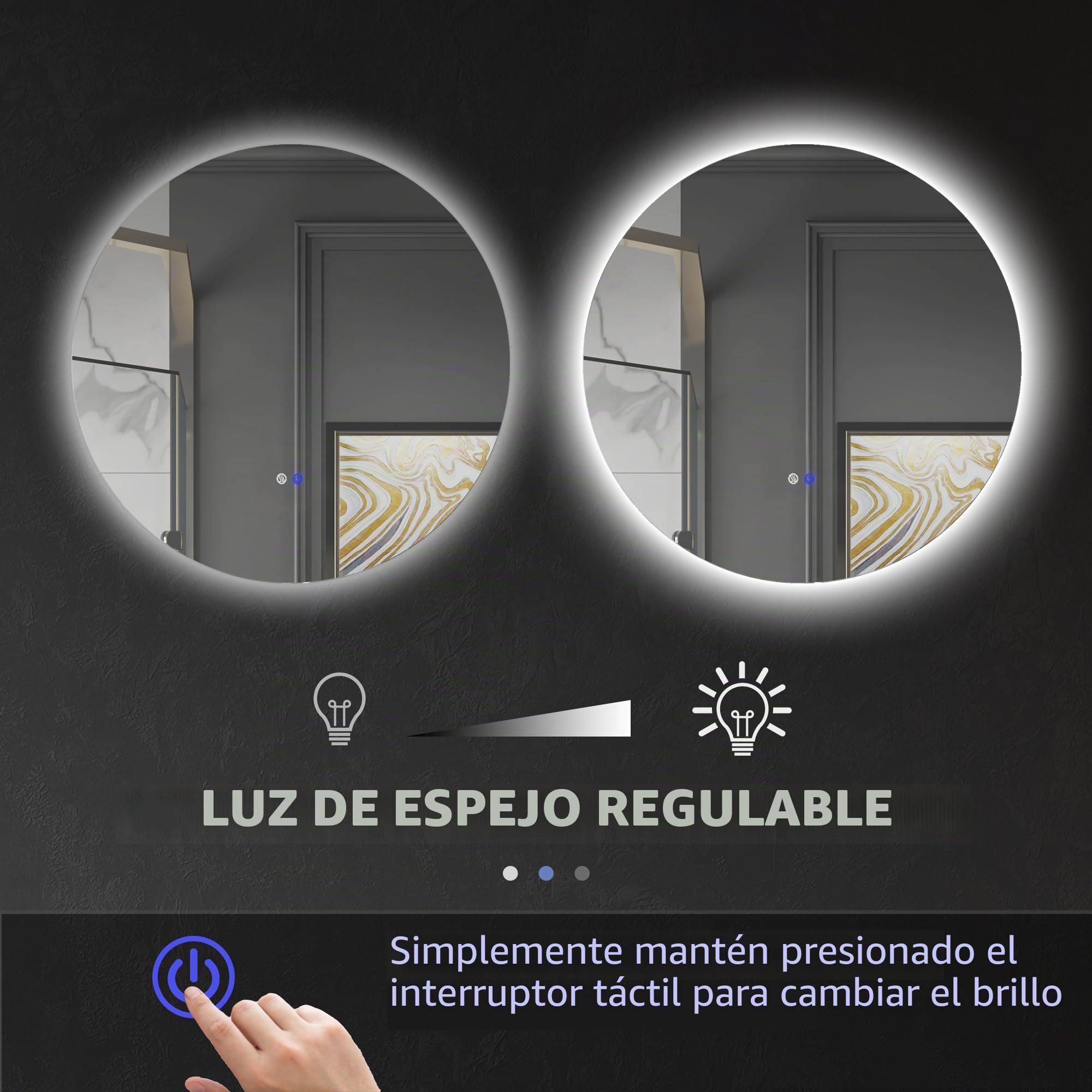 kleankin Espejo Redondo Iluminado LED Espejo de Pared para baño 70 cm con luz Interruptor táctil Sistema antivaho Brillo Regulable 35W Blanco y Plata