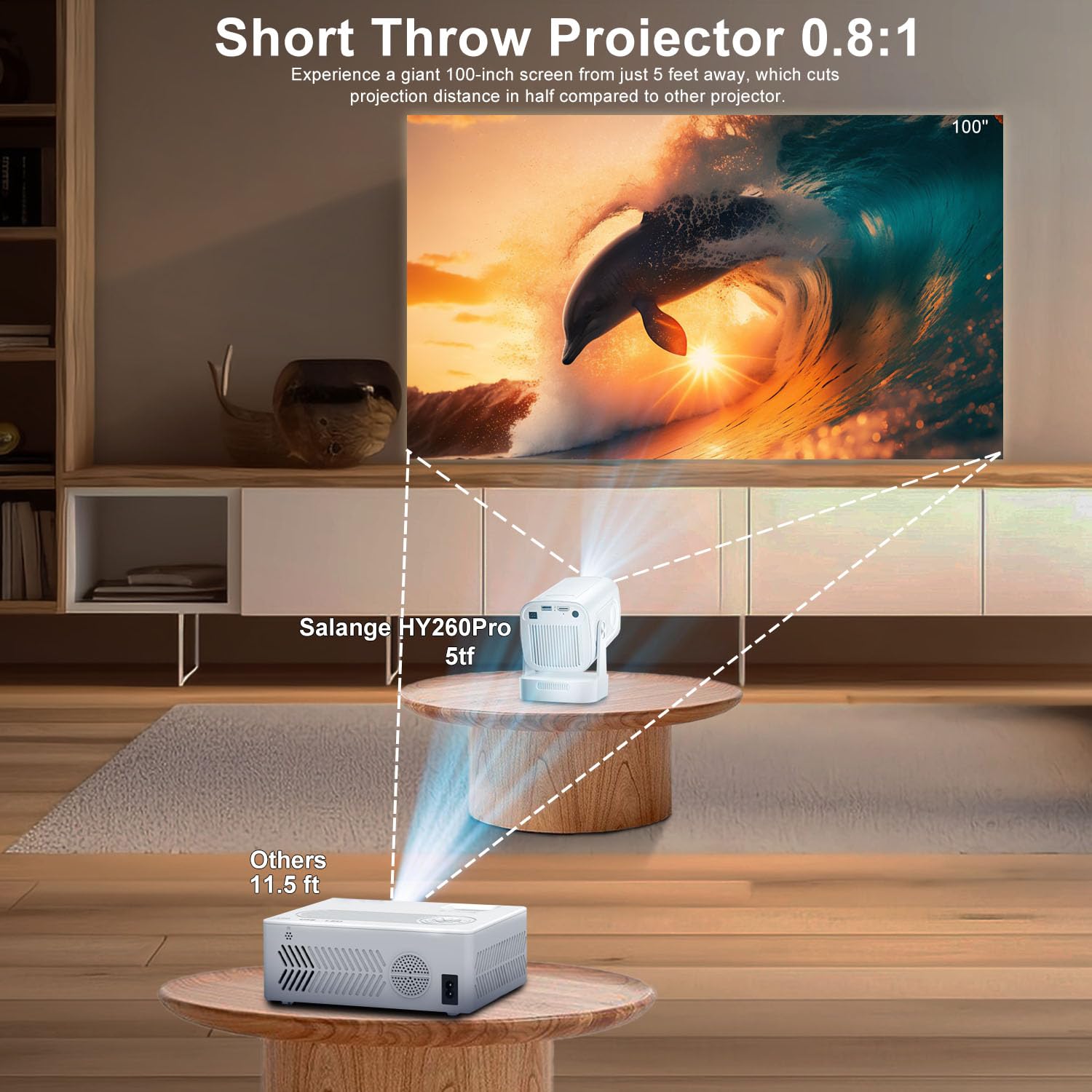 Projecteur intelligent avec Wi-Fi et Bluetooth 5.4, SALANGE 1080p natif 4K, projecteur à courte portée avec applications intégrées, Android 11, mini proyecteur portable HY260pro
