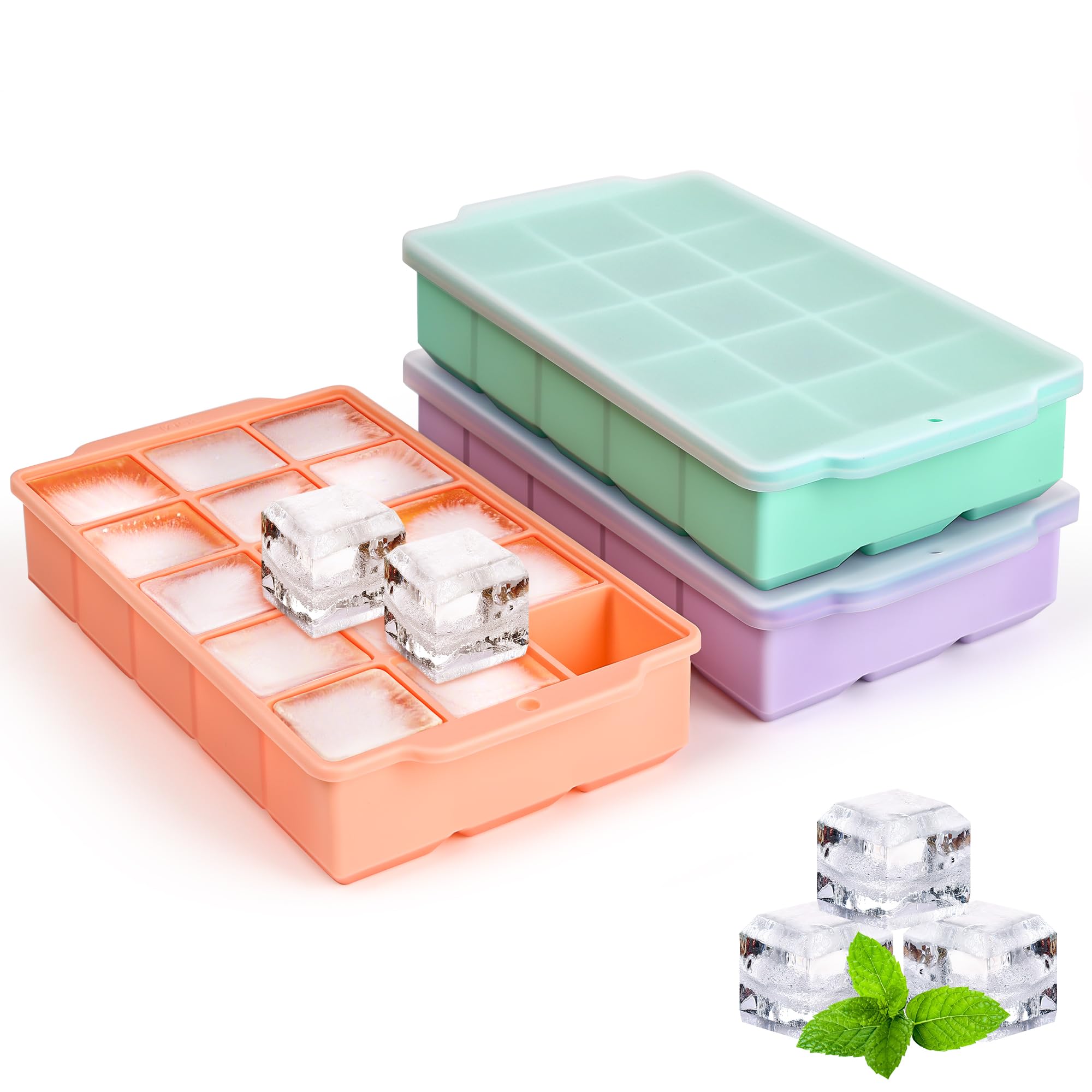 Silicone Ice Cube Tray with Lid, 3 Pack Easy-Release Flexible 15 Ice Cube Molds, Stackable Ice Trays for Freezer, Square Ice Maker Tray for Cocktail, Whiskey, Juice, Baby Food, BPA Free