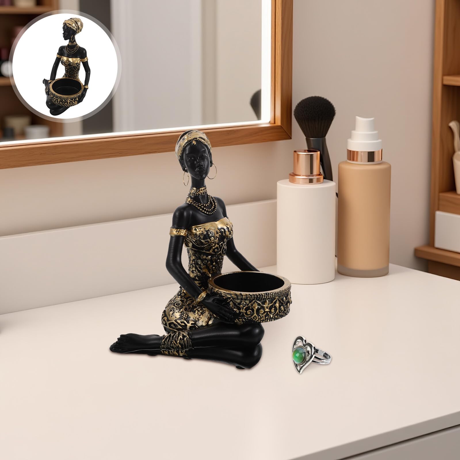 TOYANDONA Bandeja para Joyas y Organizador de Tocador de Resina Figura de Mujer Africana, Soporte Decorativo para Accesorios y Pendientes, Bandeja Pequeña para Almacenamiento en Hogar