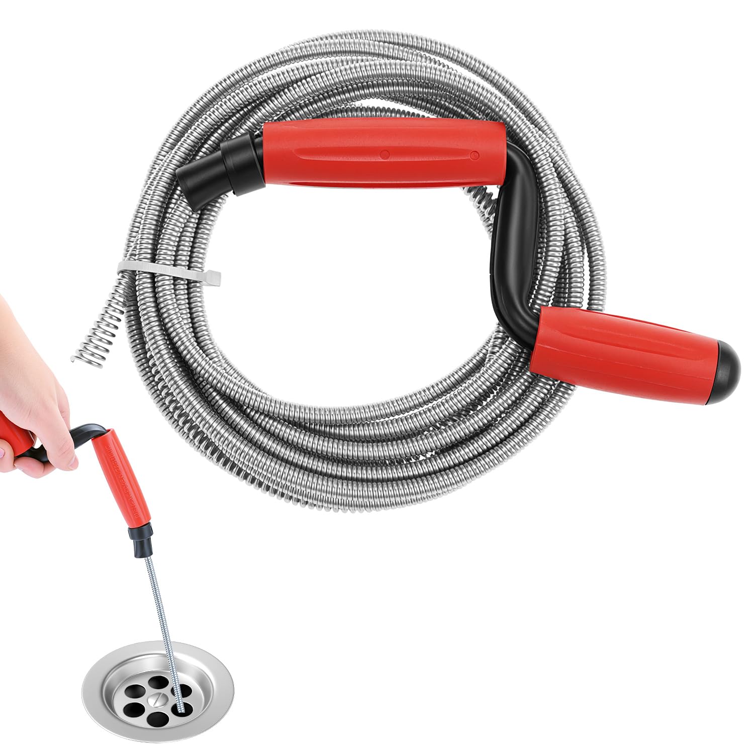 QWORK® Drain Snake Tool, 4.2Mx6MM Flexible Drain Unblocker, Plumbing Snake Cleaner with Ergonomic Handle, for Bathroom Drainage, Kitchen Sink, Sewer, Toilet