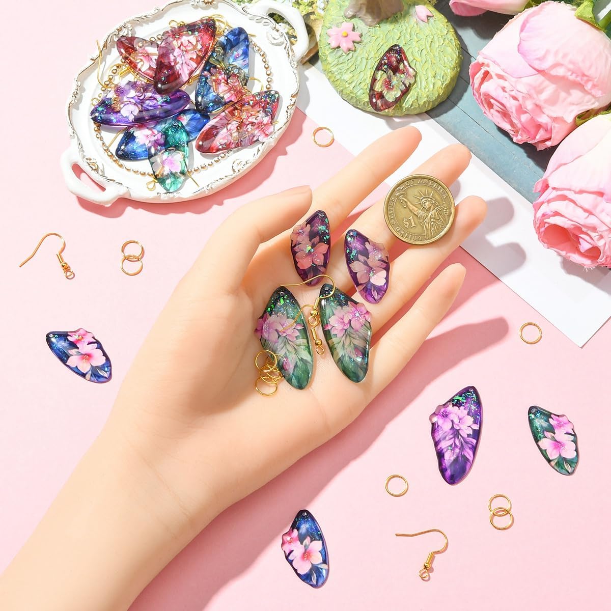 Echoed Elegance 16 Pcs Butterfly Wing Pendants Transparent Flower Resin Wings Pendants Glitter Insect Wing Earrings Making Kit with Earring Hooks Jump Rings for DIY Earring Jewelry Making (Style B) image 4