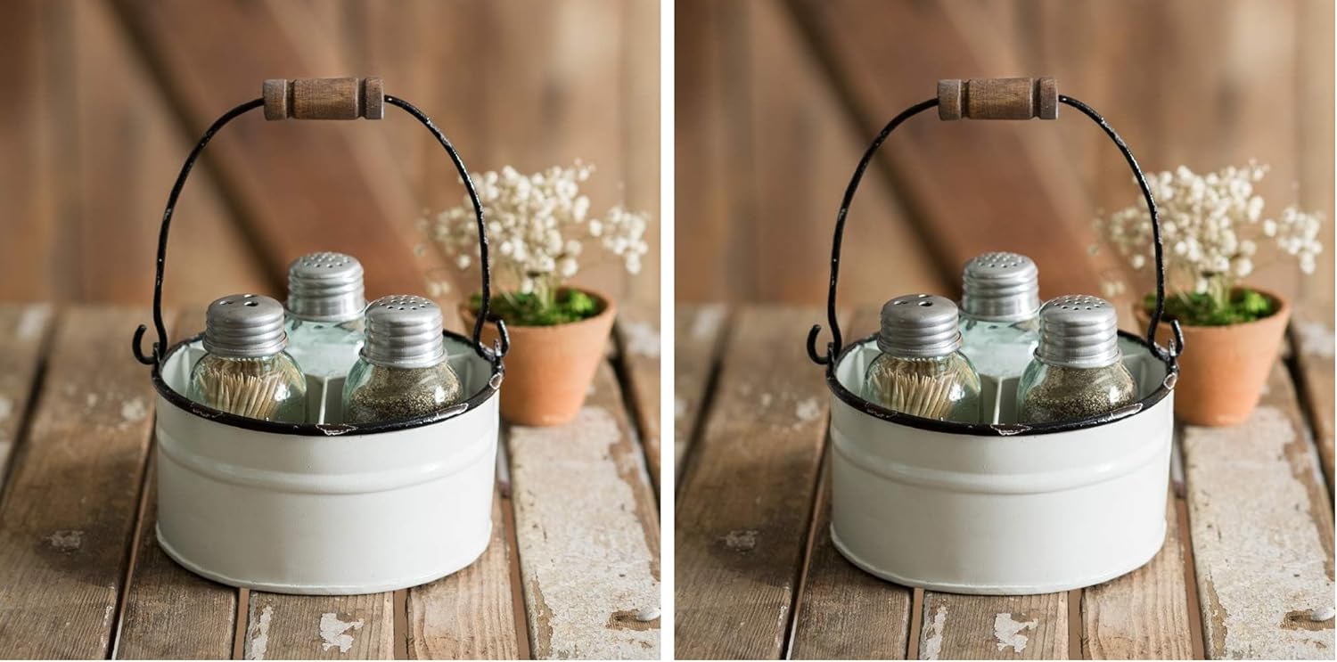 Ctw Home Collection Round Bucket Salt Pepper and Toothpick Caddy - White