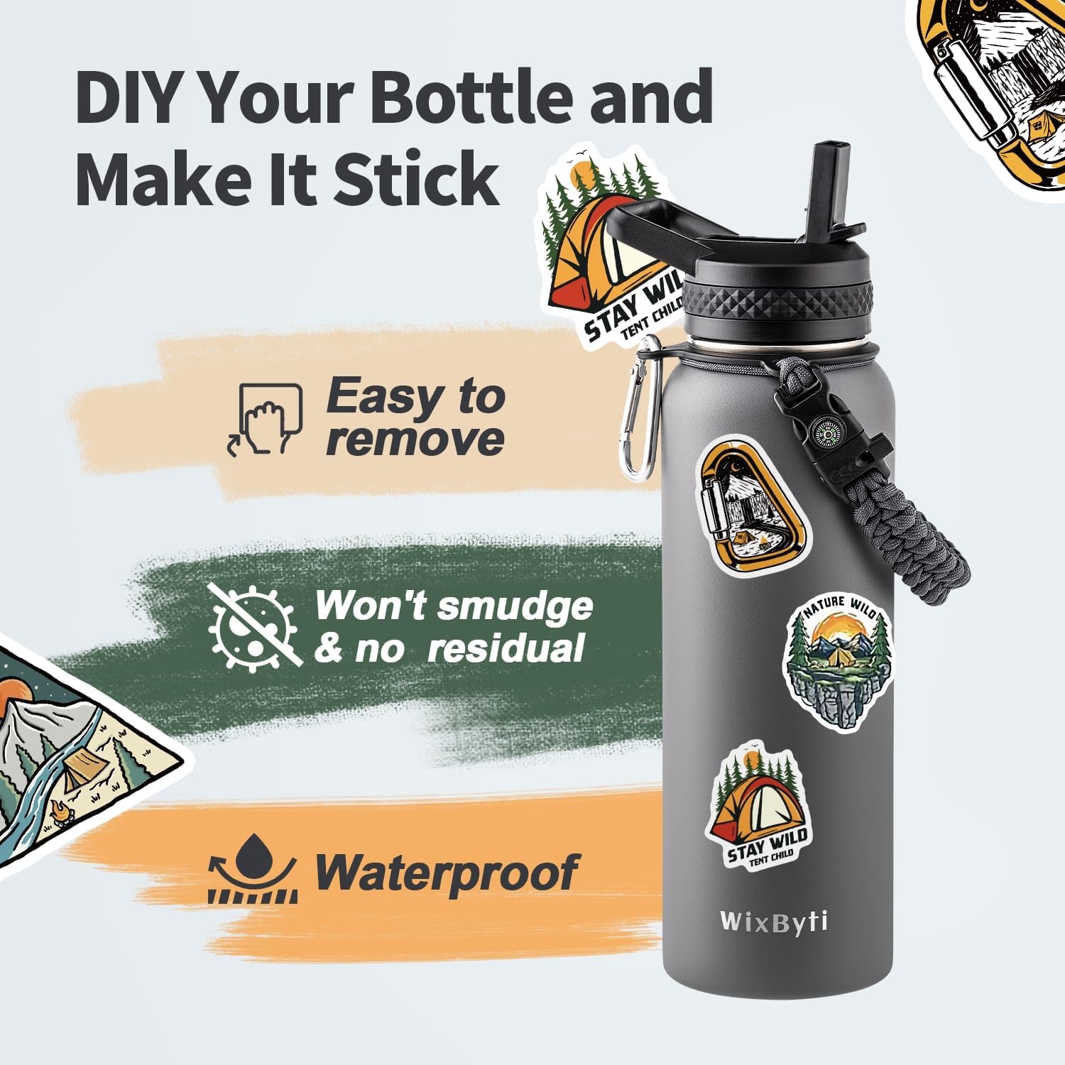 40 oz Insulated Water Bottle with Straw (Cold for 48 Hrs), Stainless Steel Triple Wall Vacuum Sports Water Jug, Leakproof Hydro Cup Flask with Paracord Handle & Straw Spout Lids & DIY Stickers - Image 5