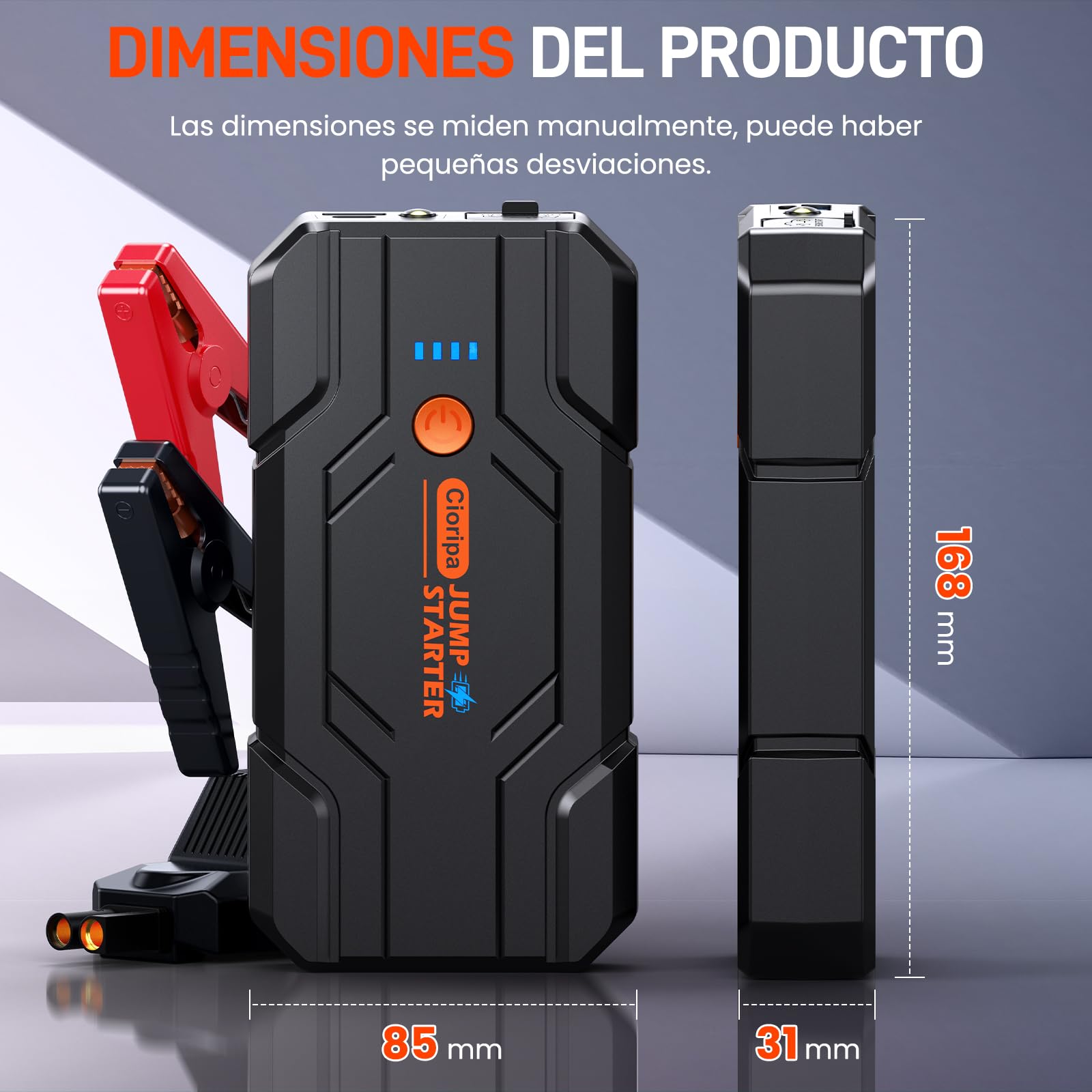 Arrancador de Baterias de Coche 𝟏𝟒.𝟖𝐕- 𝟖𝟎𝟎𝟎𝐀 Jump Starter para Motor 9.0L Gas o 8.5L Diesel, Power Bank Portátil con Carga Rápida QC3.0, Linterna LED y Pinzas Inteligentes