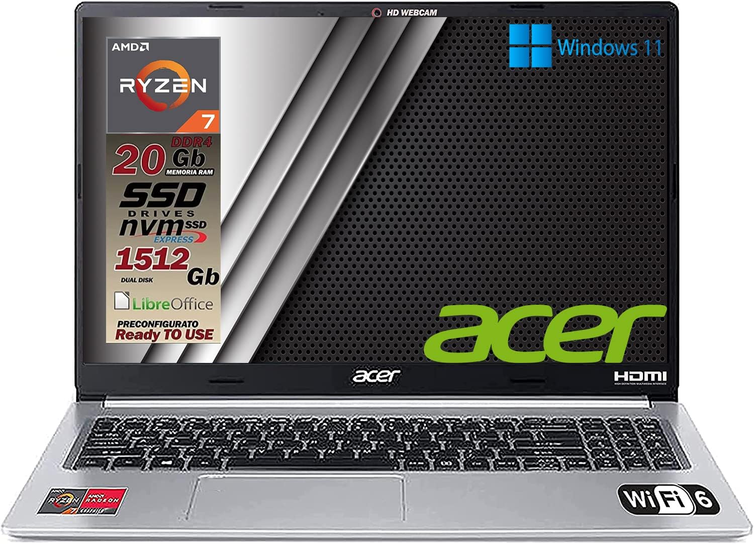 Acer Notebook portatile, Cpu Ryzen 7 5700U 8 Core, RAM 20Gb, SSDHD 1512GB, Display 15,6 FullHD, cover in alluminio, tastiera retroilluminata, 4 usb, wi-fi 6, hdmi, lan, Win11 pro, pronto alluso Acer Notebook portatile, Cpu Ryzen 7 5700U 8 Core, RAM 20Gb, SSDHD 1512GB, Display 15,6 FullHD, cover in alluminio, tastiera retroilluminata, 4 usb, wi-fi 6, hdmi, lan, Win11 pro, pronto alluso