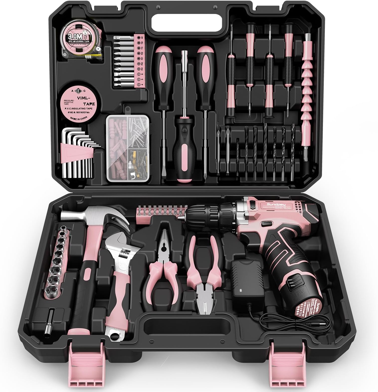 Sundpey Home Tool Kit with Drill - 206PCs Pink Tool Kit with 12V Cordless Power Drill for Household Repair - Portable Basic Pink Tool Box for Women with DIY Hand Tool Set(Screwdrivers & Pliers)