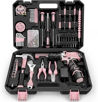Sundpey Home Tool Kit with Drill - 206PCs Pink Tool Kit with 12V Cordless Power Drill for Household Repair - Portable Basic Pink Tool Box for Women with DIY Hand Tool SetScrewdrivers & Pliers